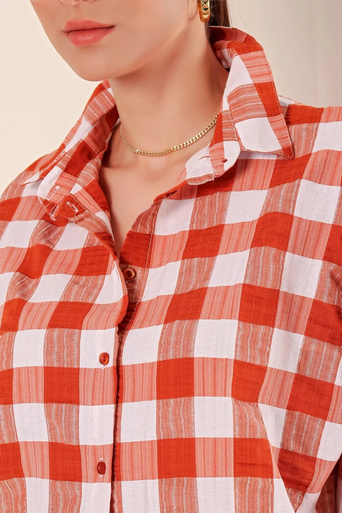 Kadın Kiremit Beyaz Ekose Gömlek HZL22W-BD1201451