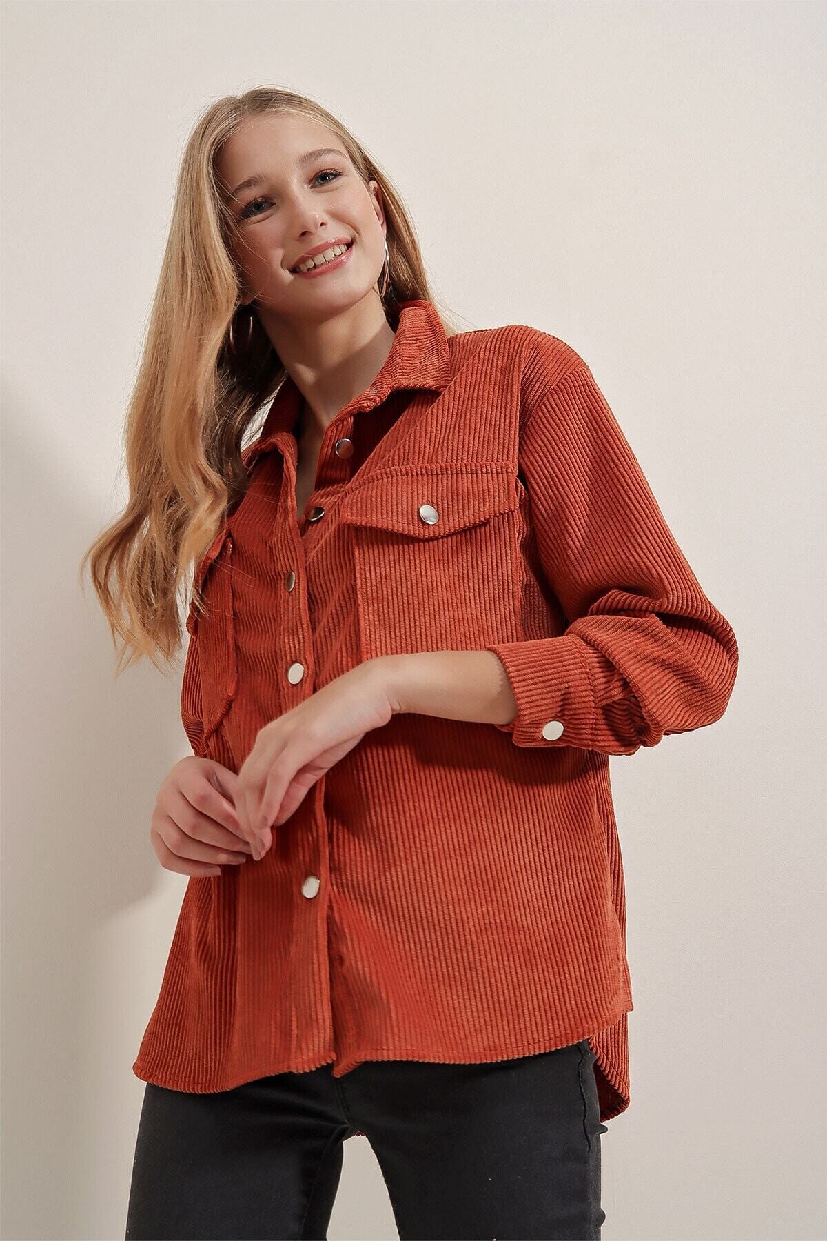 Kadın Kiremit Kadife Hafif Oversize Şık Gömlek HZL23W-BD138651