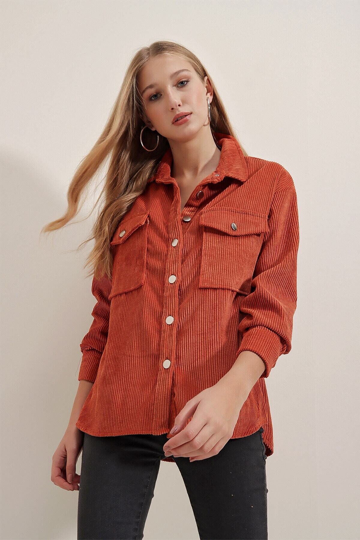 Kadın Kiremit Kadife Hafif Oversize Şık Gömlek HZL23W-BD138651