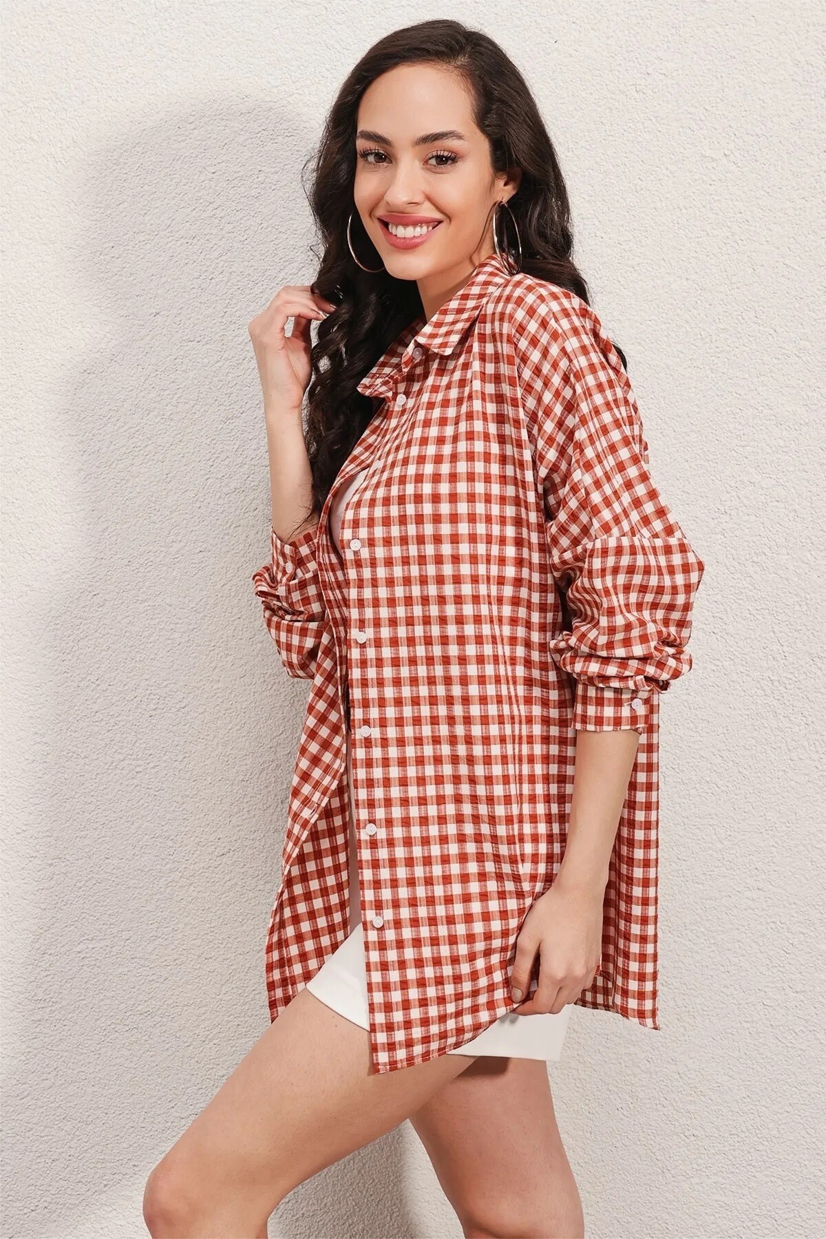 Kadın Kiremit Kareli Oversize Gömlek HZL22W-BD1201451