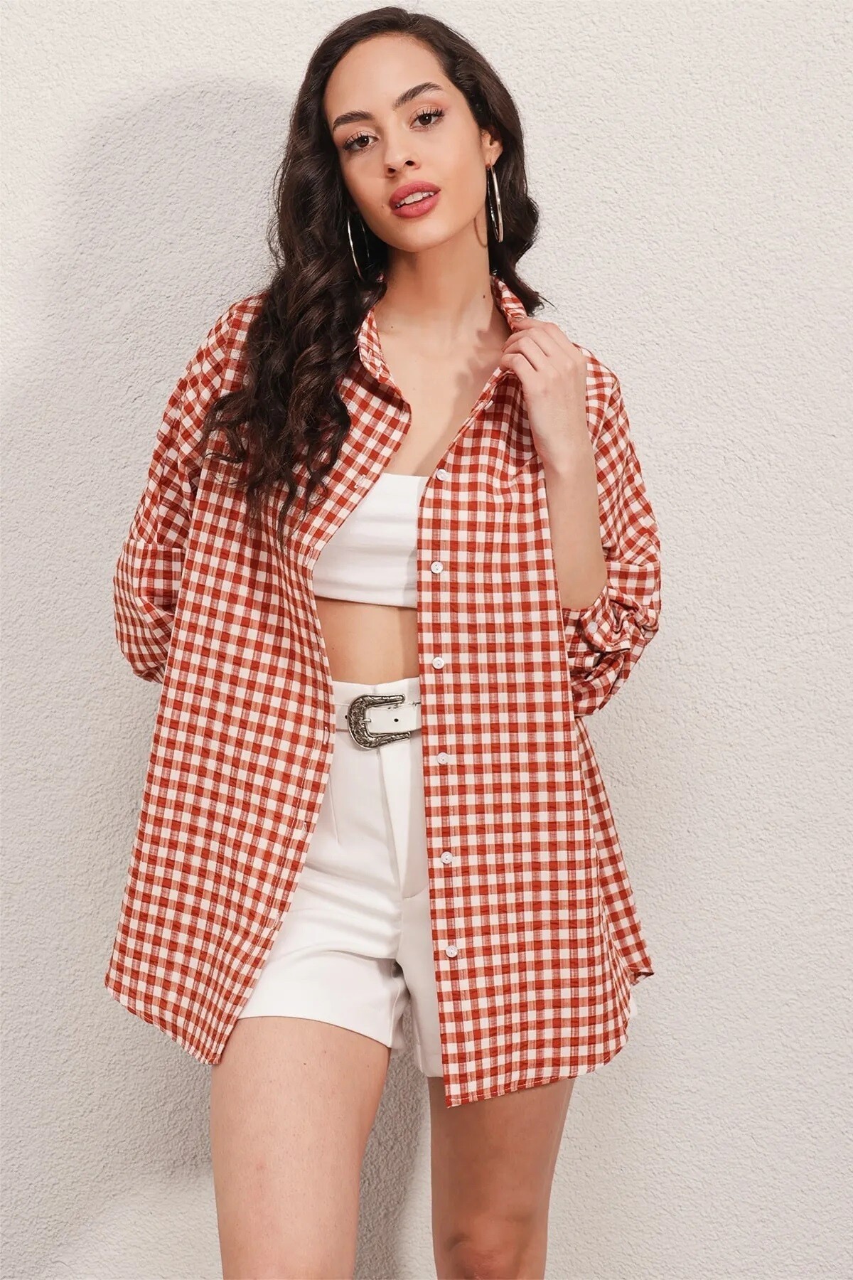 Kadın Kiremit Kareli Oversize Gömlek HZL22W-BD1201451