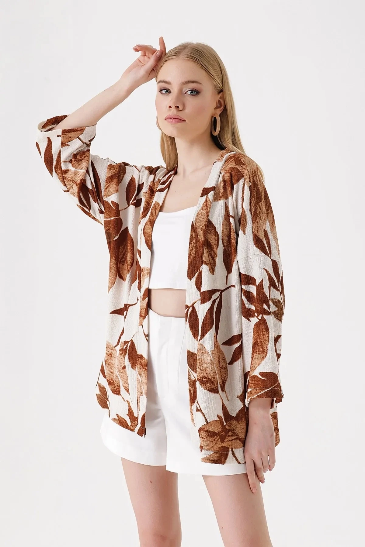 Kadın Yaprak Desenli Kiremit Önü Açık Katlı Yaka Dokulu Mevsimlik Ceket HZL22S-BD158621