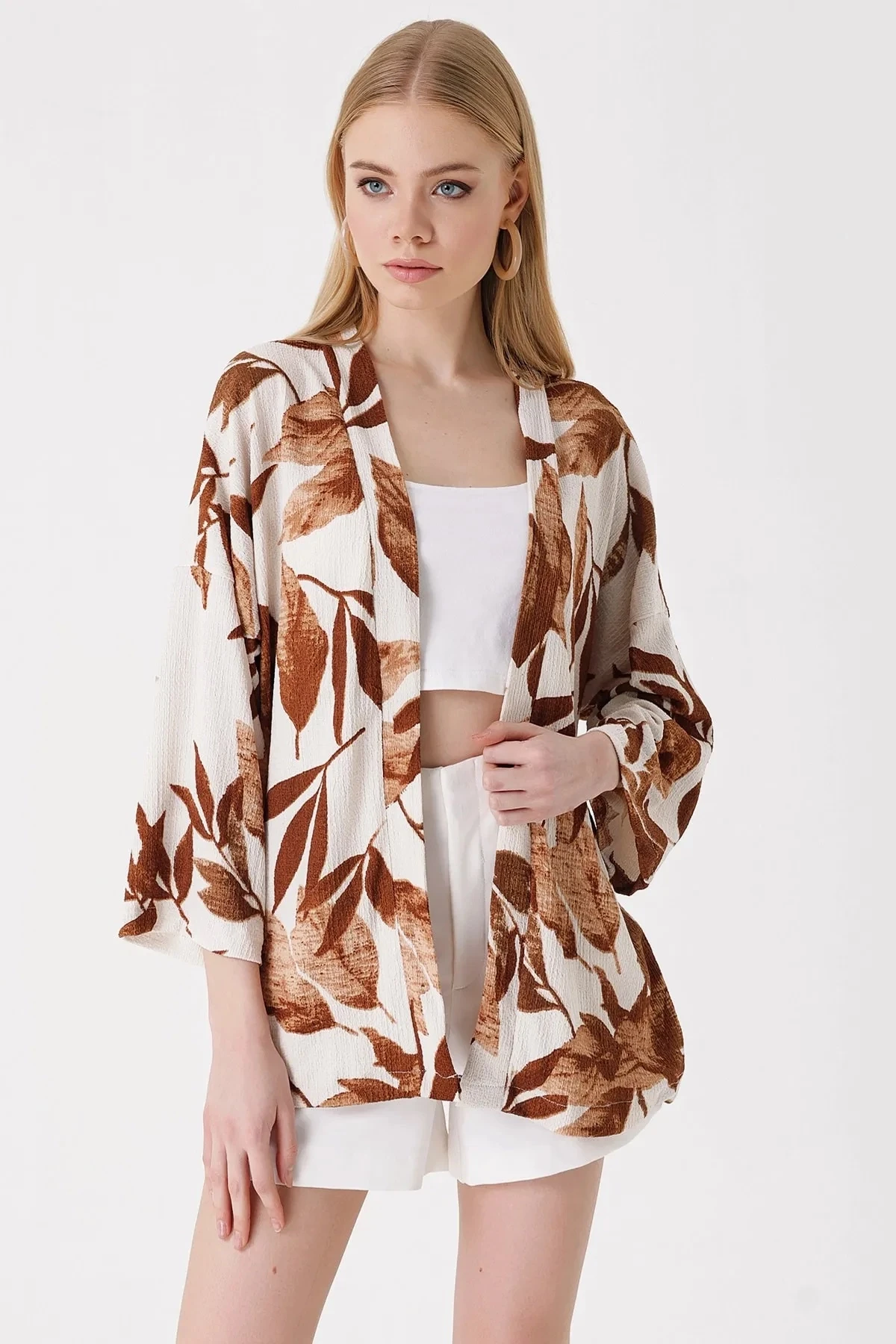 Kadın Yaprak Desenli Kiremit Önü Açık Katlı Yaka Dokulu Mevsimlik Ceket HZL22S-BD158621