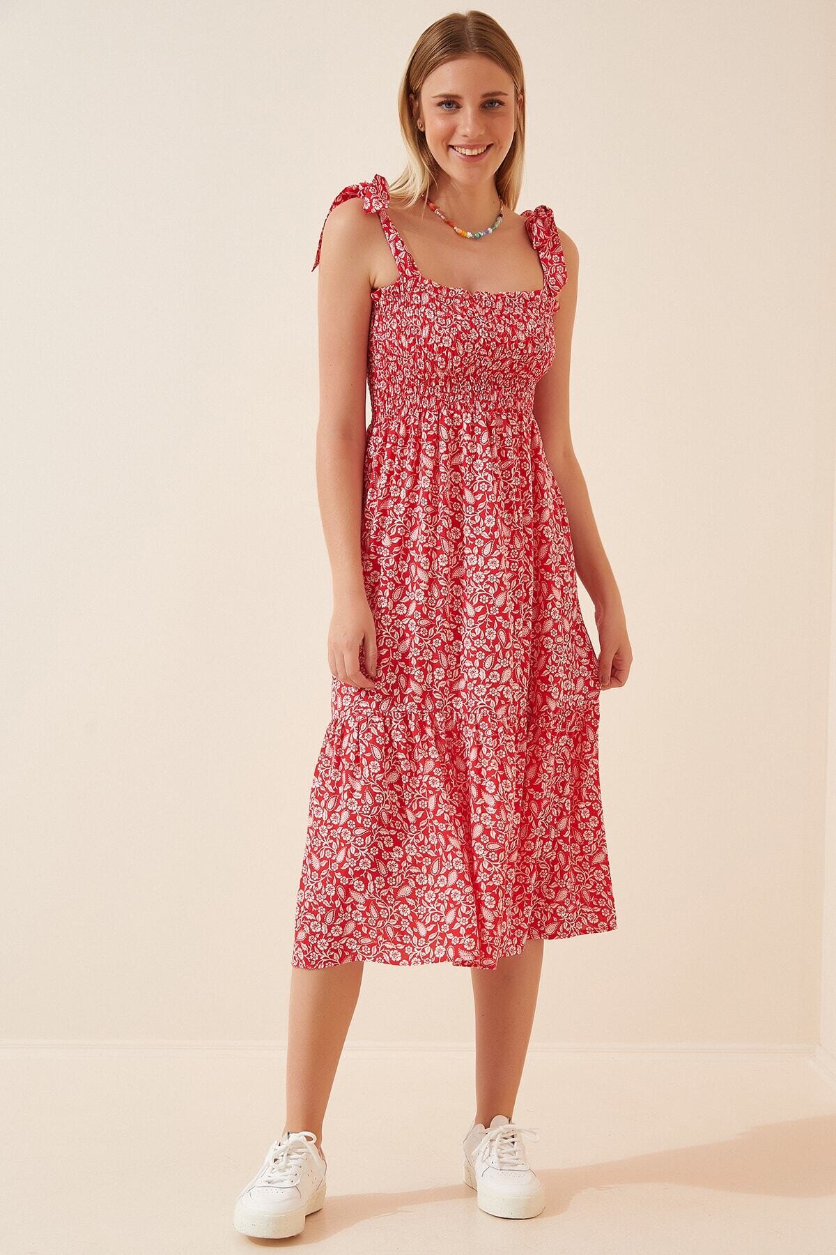 Kadın Kırmızı Bağlamalı Askılı Desenli Yazlık Viskon Elbise HZL21S-2239