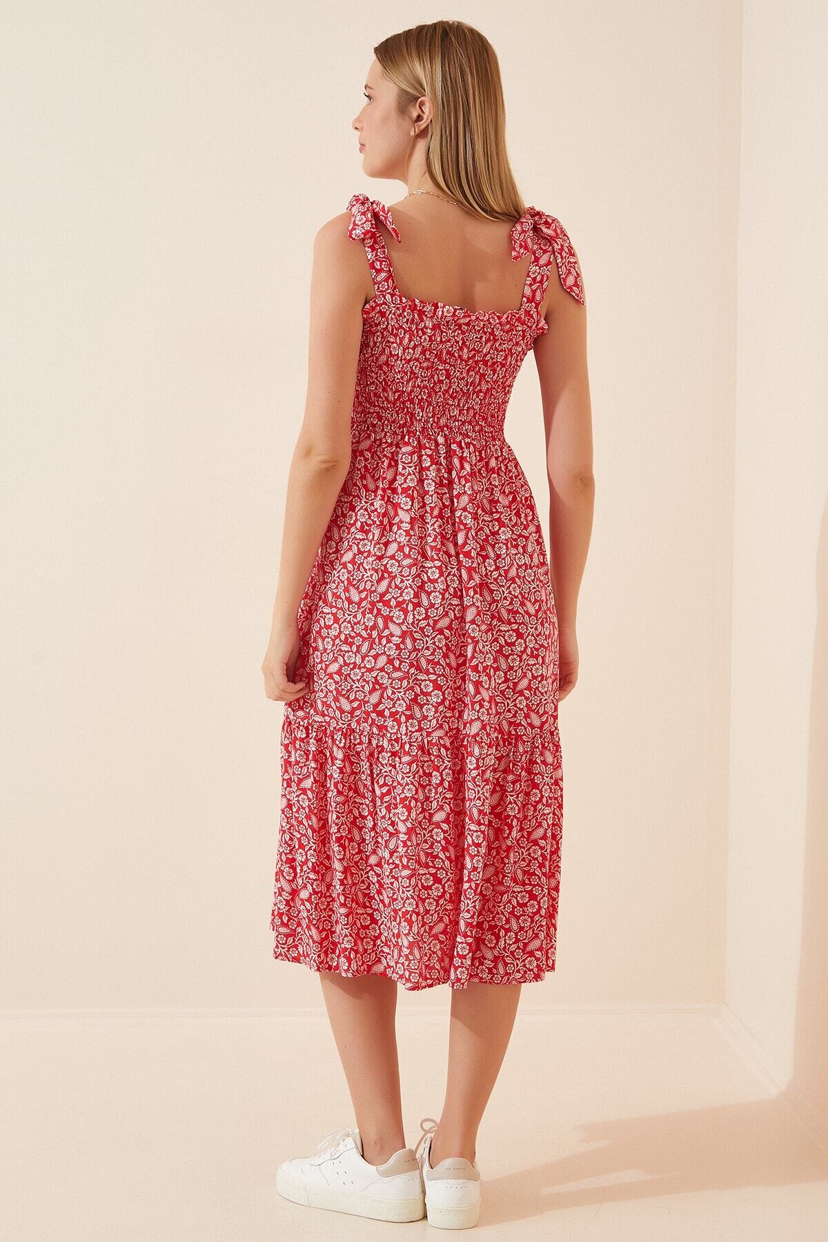 Kadın Kırmızı Bağlamalı Askılı Desenli Yazlık Viskon Elbise HZL21S-2239