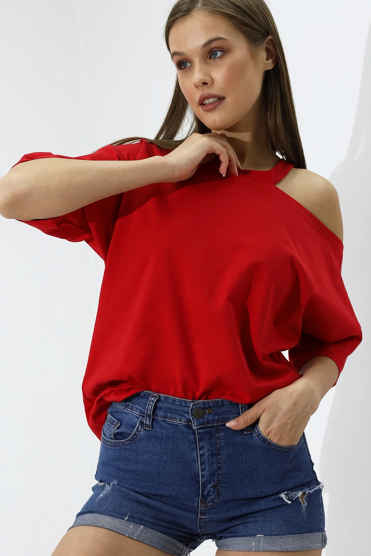 Kadın Kırmızı Düz Oversize Kayık Yaka Omuz Detay Örme T-Shirt  HZL23S-DSB120191