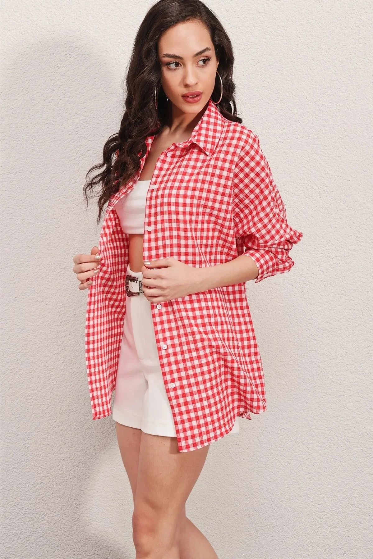 Kadın Kırmızı Kareli Oversize Gömlek HZL22W-BD1201451
