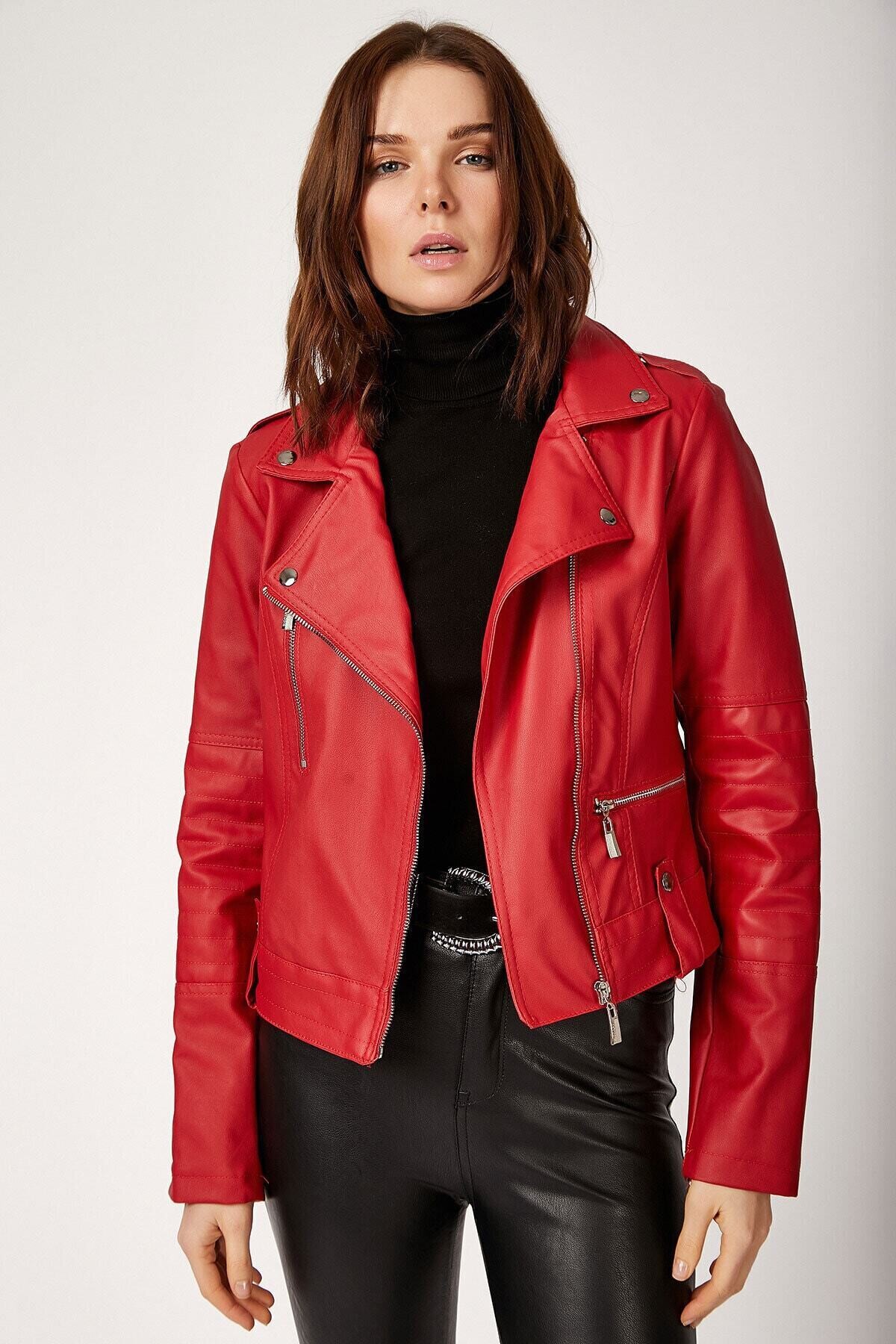 Kadın Kırmızı Kısa Suni Deri Astarlı Biker Ceket HZL22W-BD110251