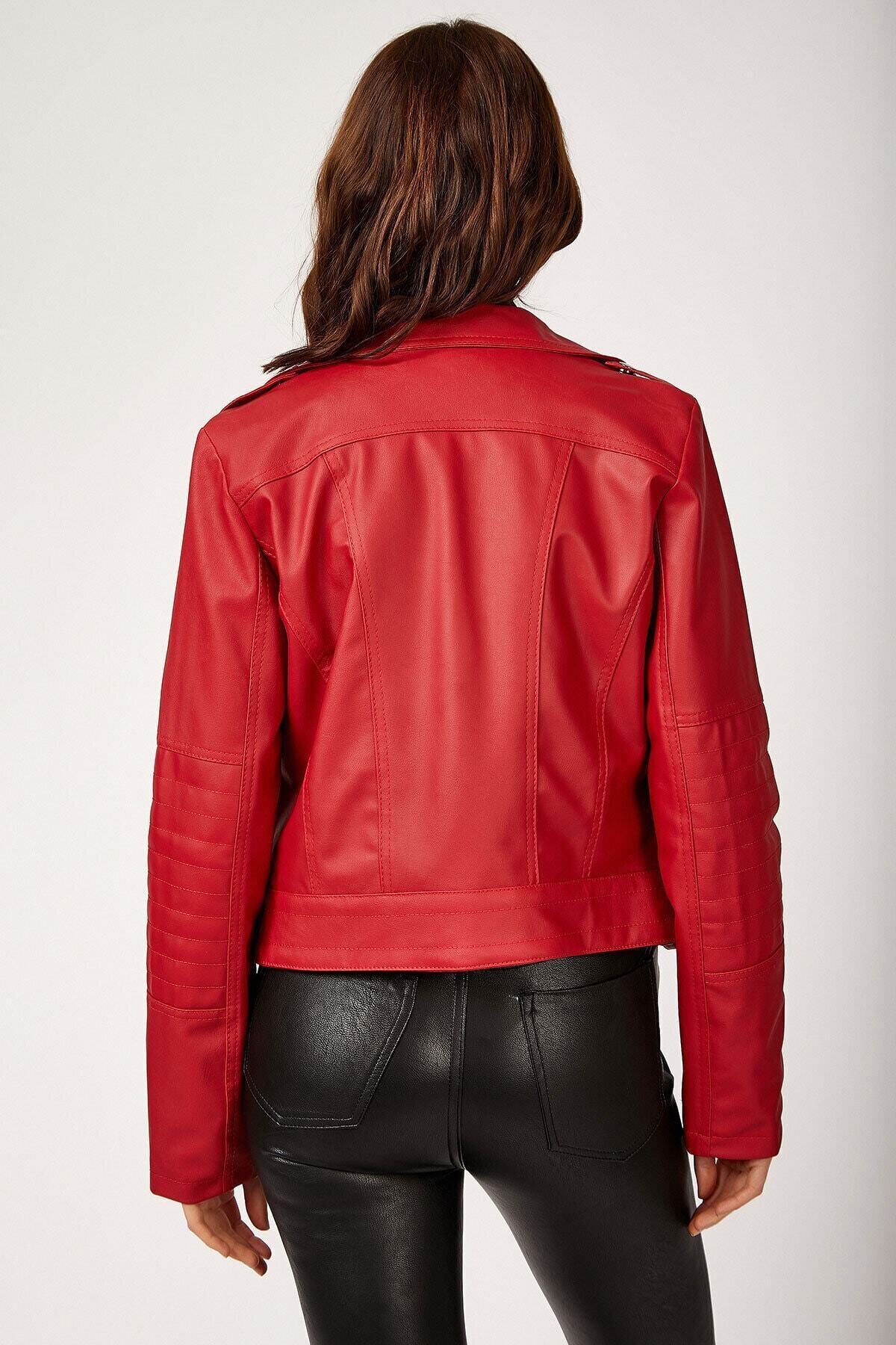 Kadın Kırmızı Kısa Suni Deri Astarlı Biker Ceket HZL22W-BD110251