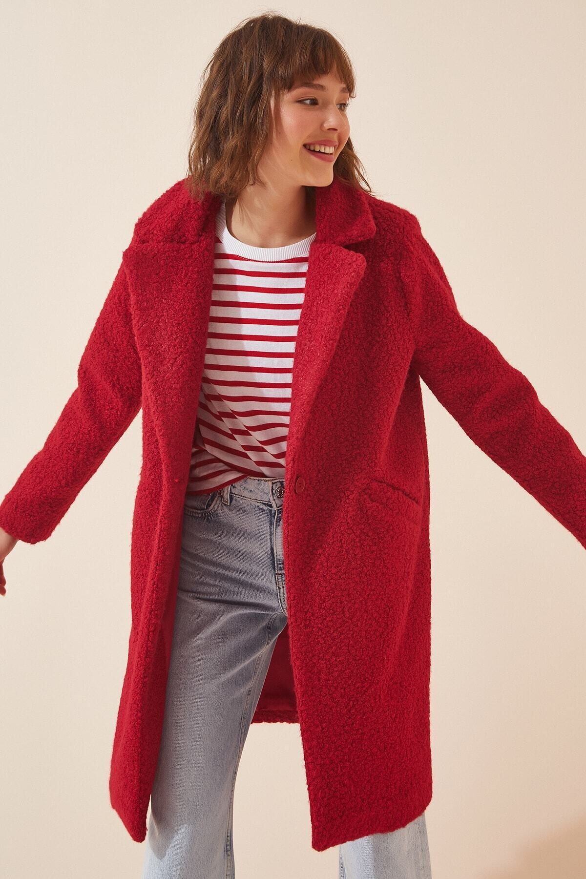 Kadın Kırmızı Tek Düğmeli Çift Cepli Astarlı Buklet Kaşe Kaban HZL22W-BD190821