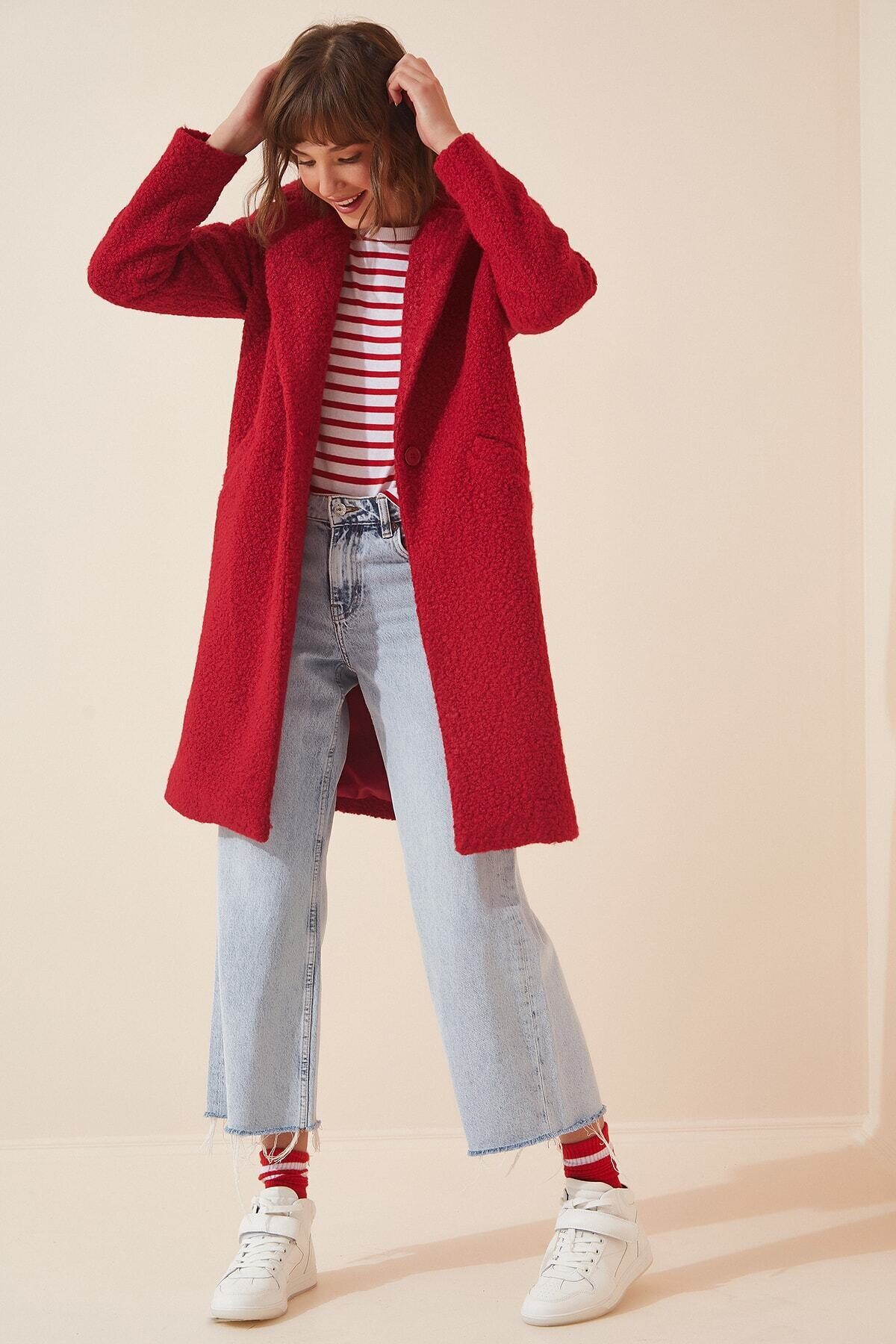 Kadın Kırmızı Tek Düğmeli Çift Cepli Astarlı Buklet Kaşe Kaban HZL22W-BD190821