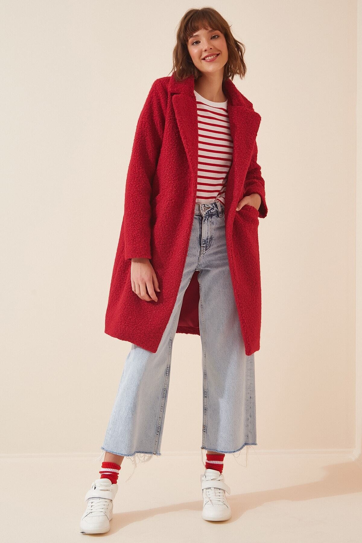 Kadın Kırmızı Tek Düğmeli Çift Cepli Astarlı Buklet Kaşe Kaban HZL22W-BD190821