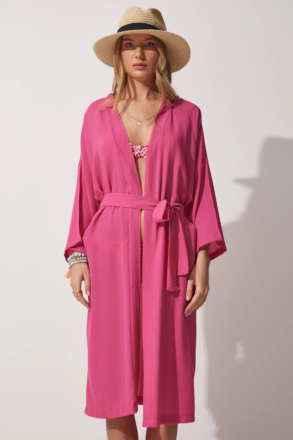 Kadın Koyu Pembe Kuşaklı Yırtmaçlı Uzun Kimono HZL22S-BD158351