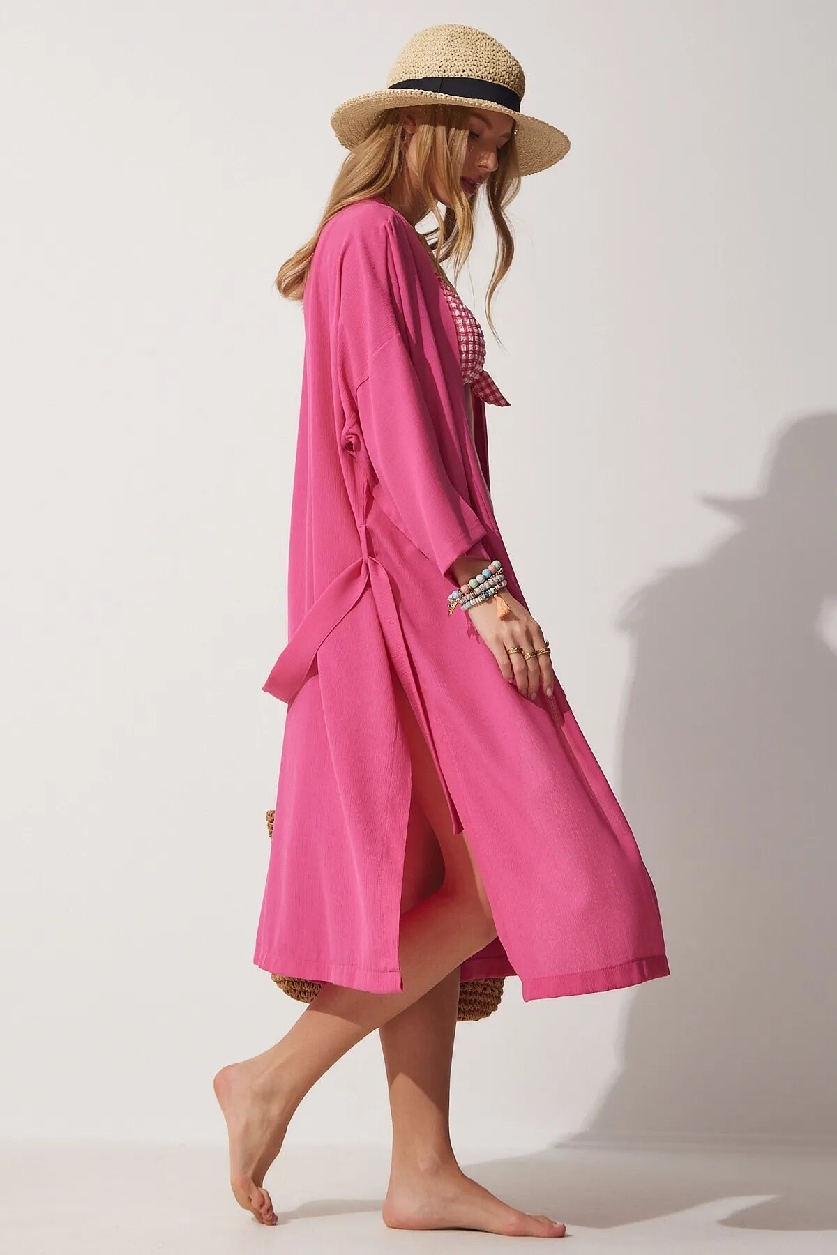 Kadın Koyu Pembe Kuşaklı Yırtmaçlı Uzun Kimono HZL22S-BD158351