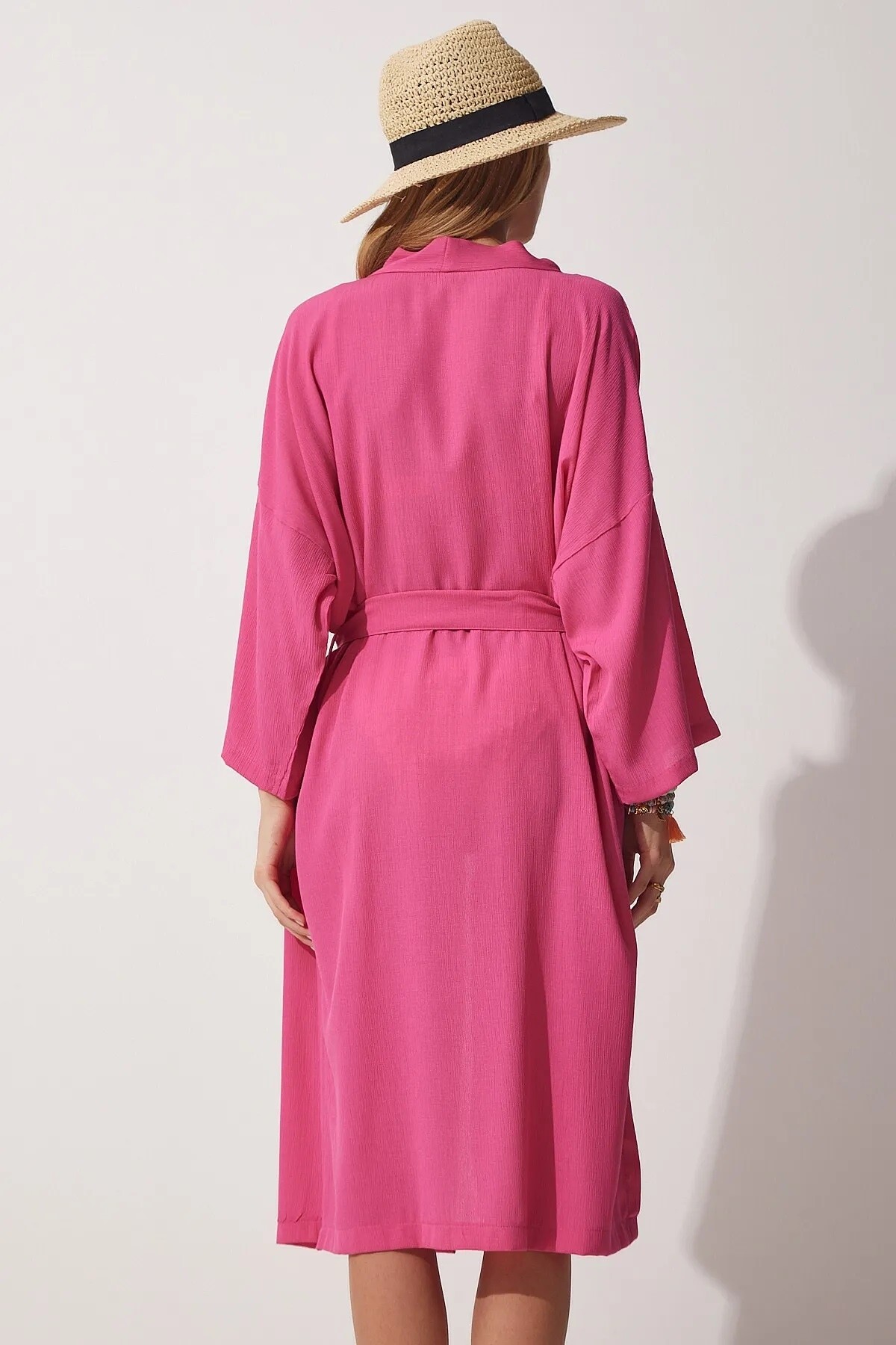 Kadın Koyu Pembe Kuşaklı Yırtmaçlı Uzun Kimono HZL22S-BD158351