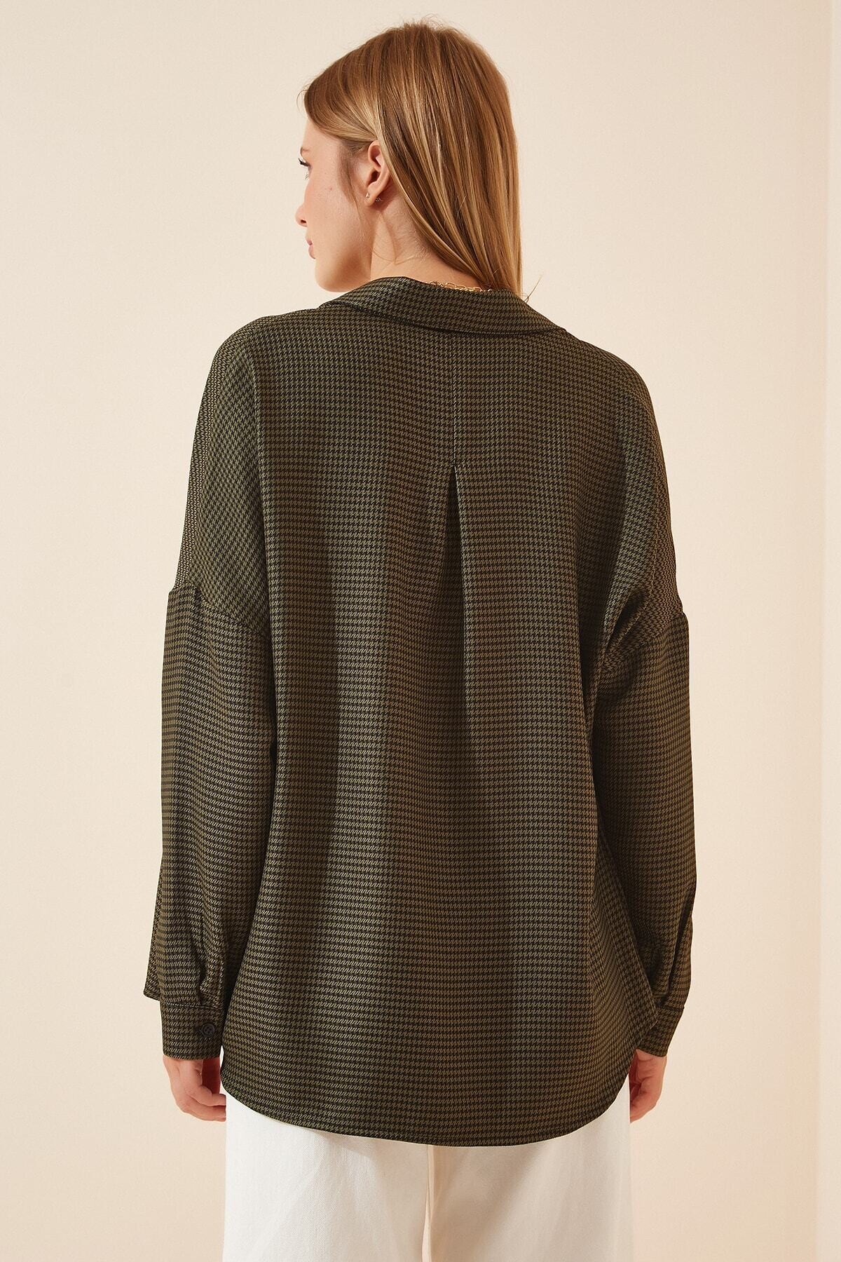 Kadın Koyu Yeşil Kareli Oversize Gömlek HZL22W-BD1236