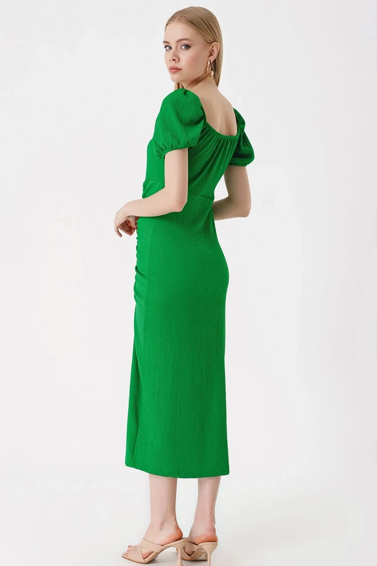 Kadın Koyu Yeşil Yırtmaçlı Yazlık Örme Elbise HZL23S-BD123961