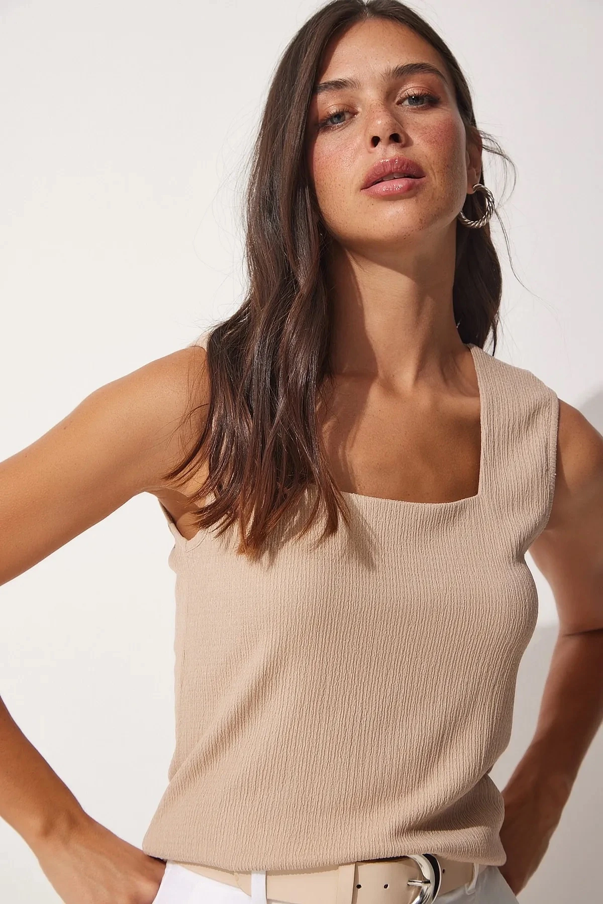 Kadın Krem Kare Yaka Örme Bluz HZL23S-BD104761