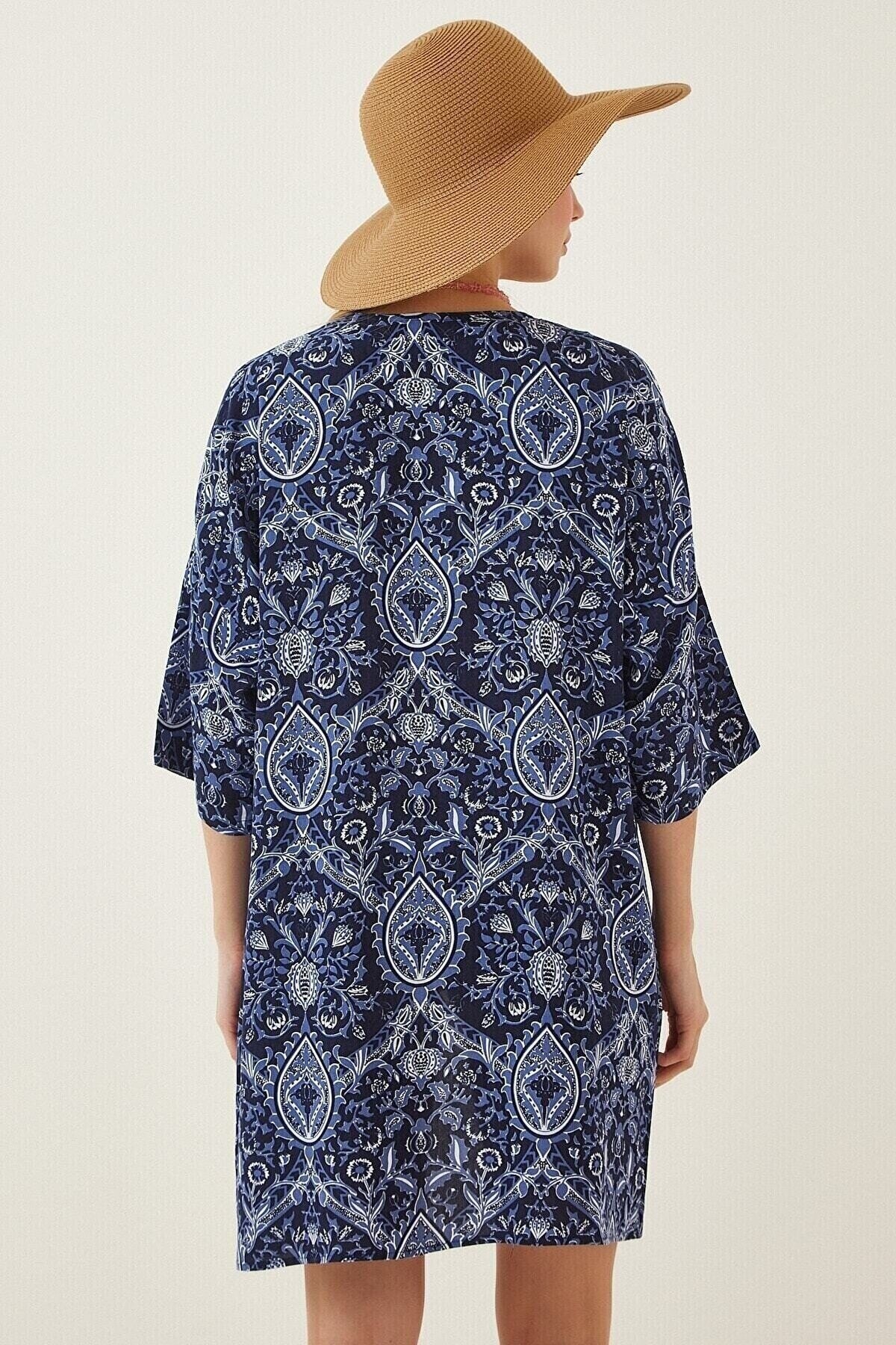 Kadın Lacivert  Baskılı Düşük Kol Viskon Uzun Kimono HZL22S-BD158321