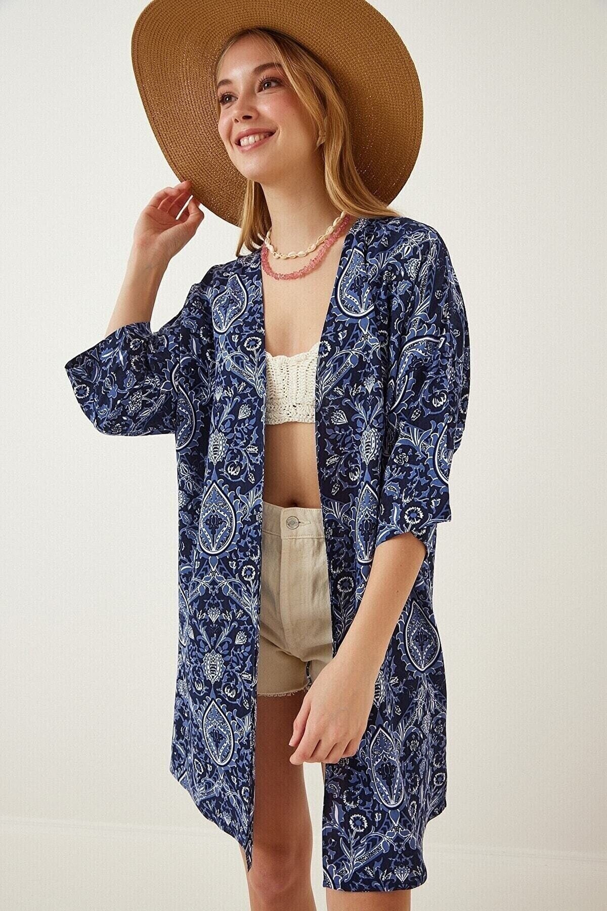 Kadın Lacivert  Baskılı Düşük Kol Viskon Uzun Kimono HZL22S-BD158321