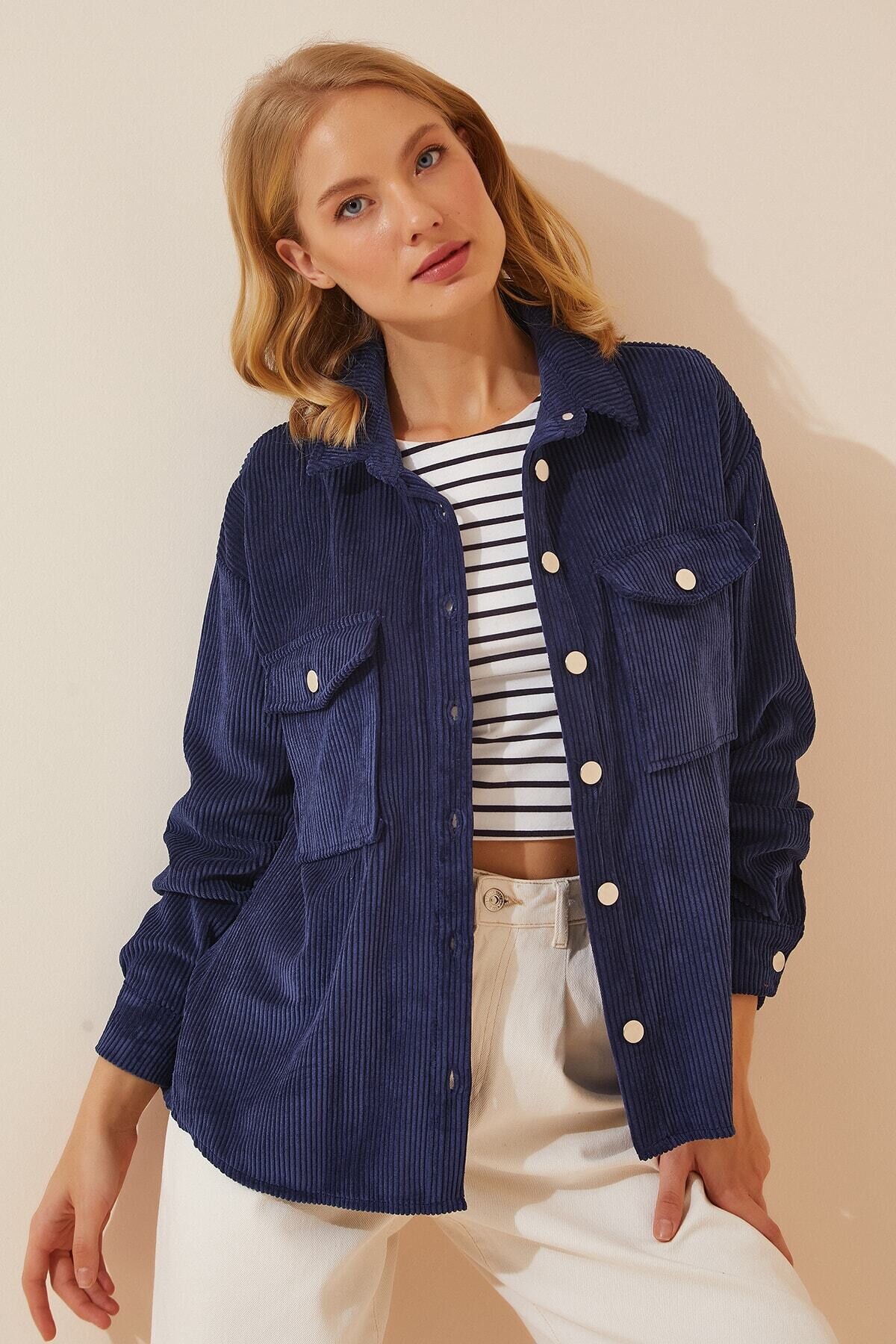 Kadın Lacivert Kadife Hafif Oversize Şık Gömlek Hzl23w-bd138651