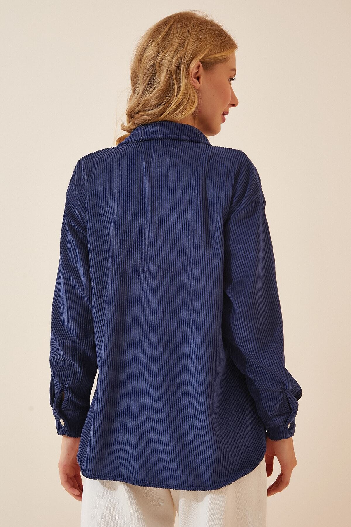 Kadın Lacivert Kadife Hafif Oversize Şık Gömlek Hzl23w-bd138651