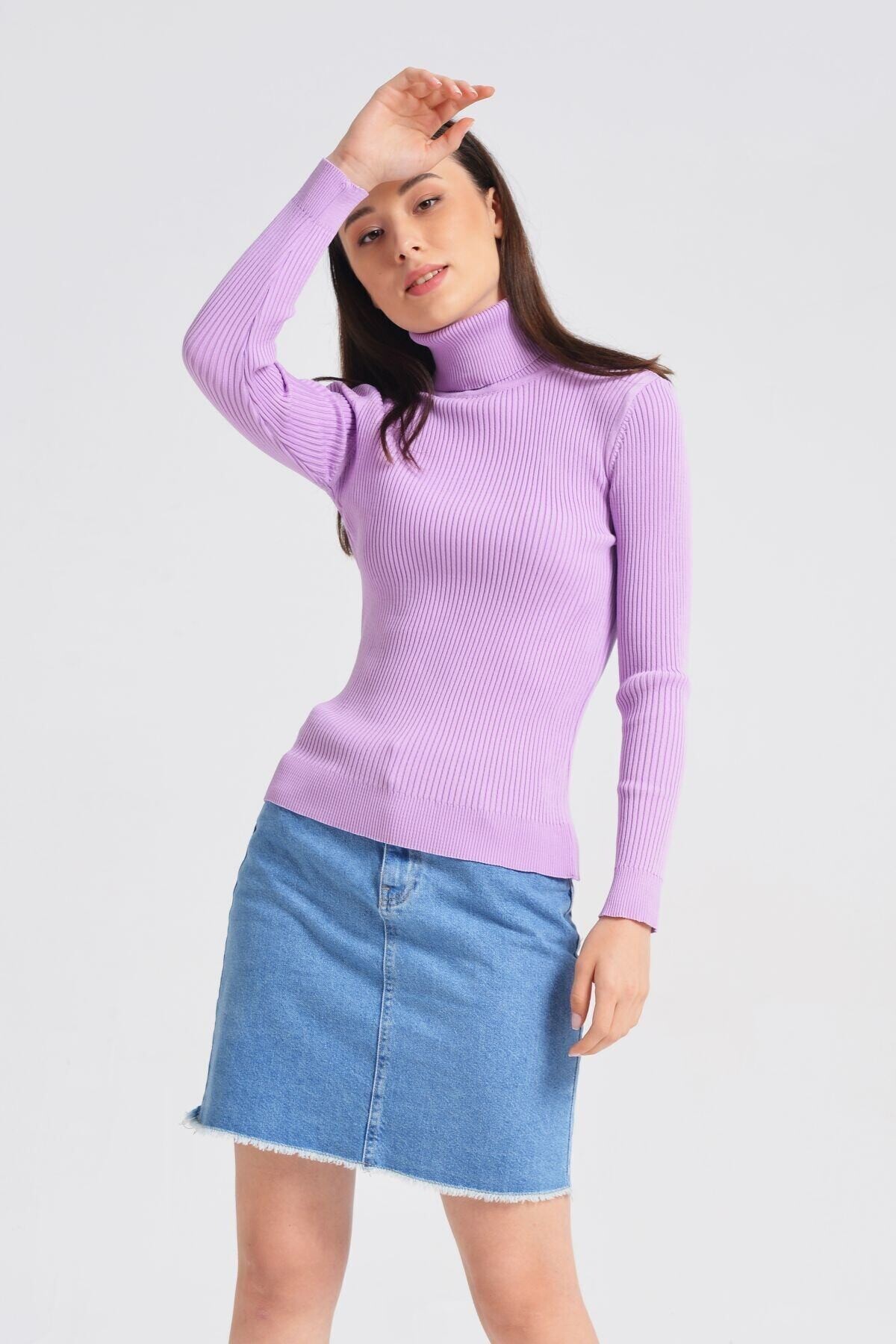 Kadın Lila Boğazlı Fitilli Triko Kazak HZL22W-H100011