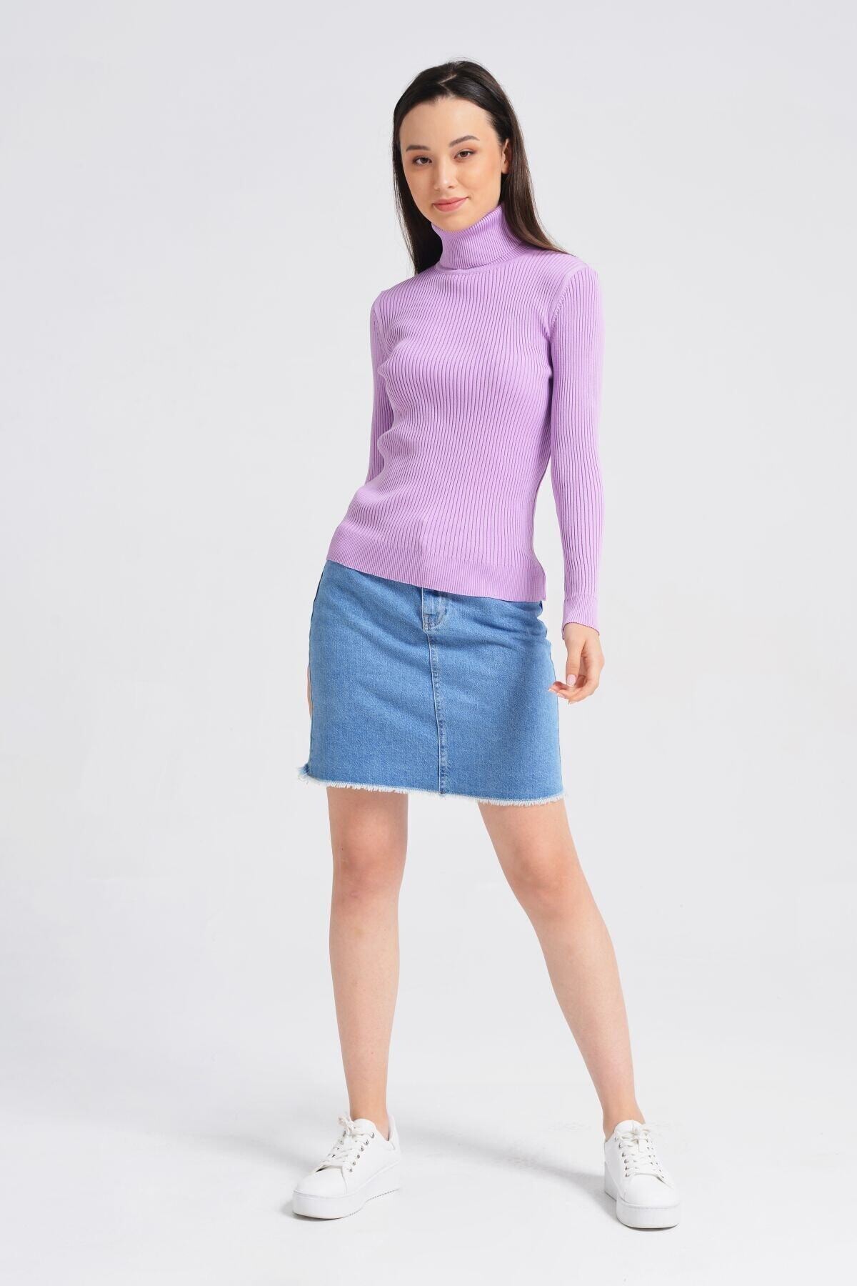 Kadın Lila Boğazlı Fitilli Triko Kazak HZL22W-H100011