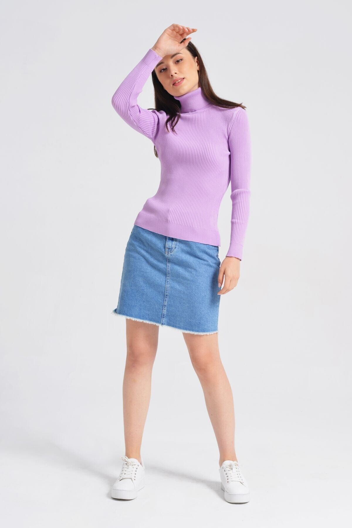 Kadın Lila Boğazlı Fitilli Triko Kazak HZL22W-H100011