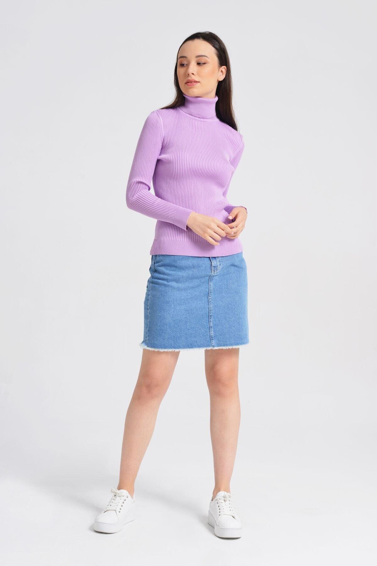 Kadın Lila Boğazlı Fitilli Triko Kazak HZL22W-H100011