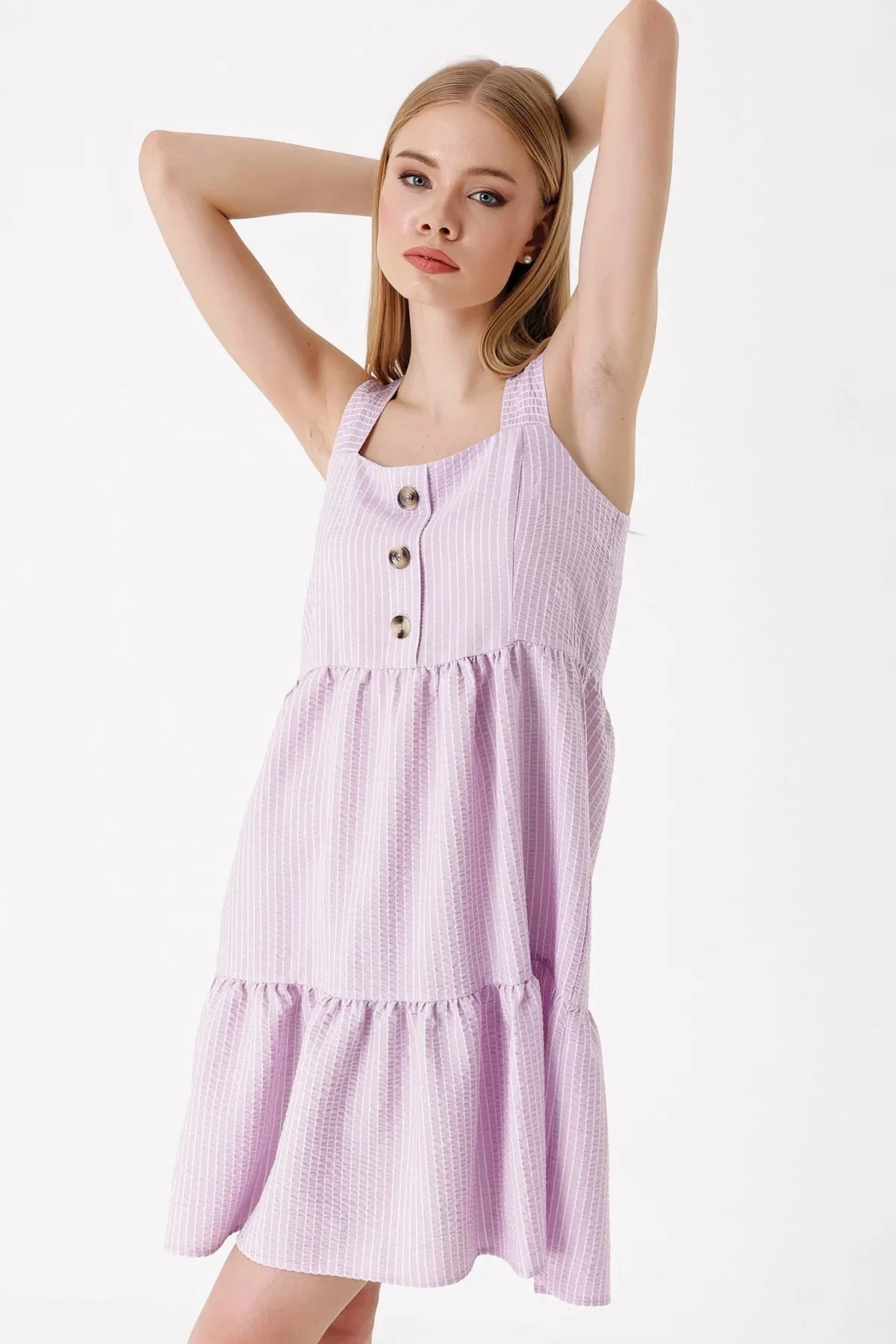 Kadın Lila Çizgili Kare Yaka Düğmeli Yazlık Dokuma Elbise HZL23S-BD123851