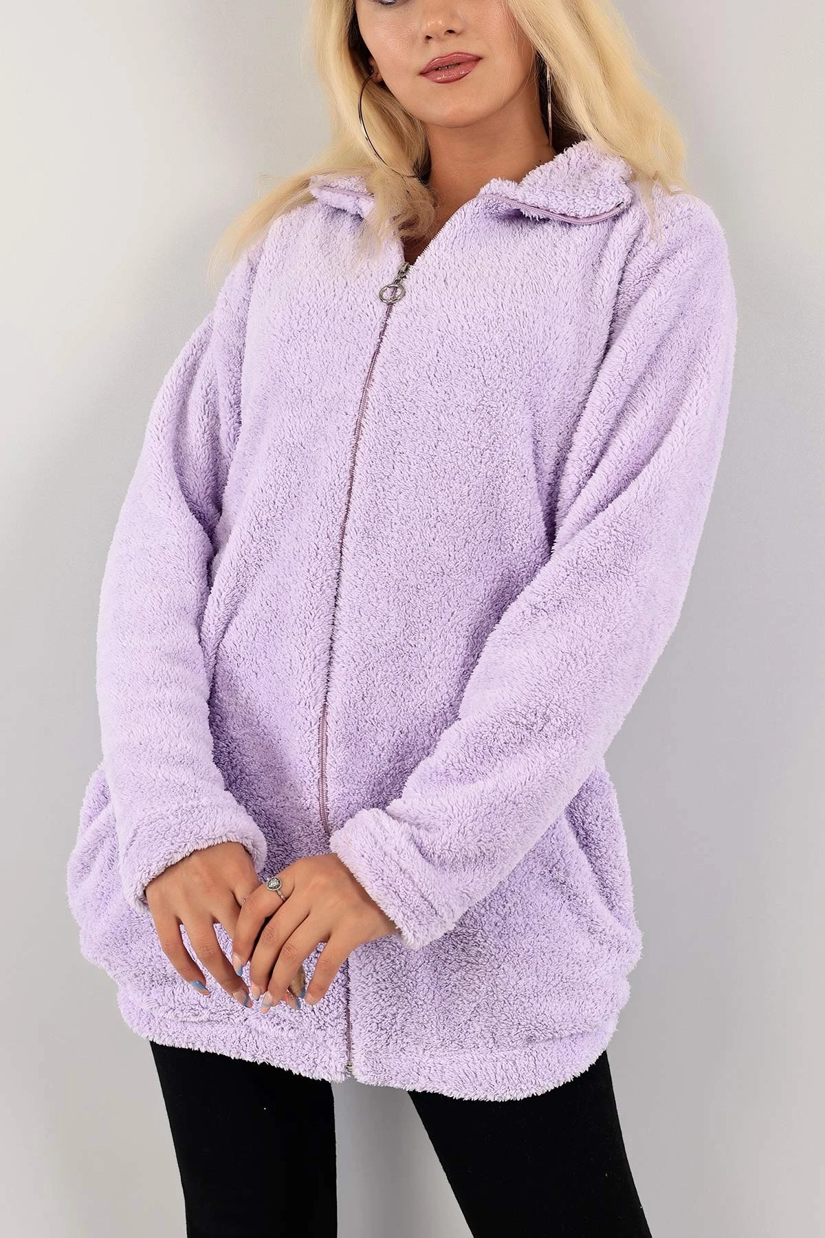 Kadın Lila Fermuarlı Uzun Rahat Peluş Sweatshirt HZL23W-BD1553871