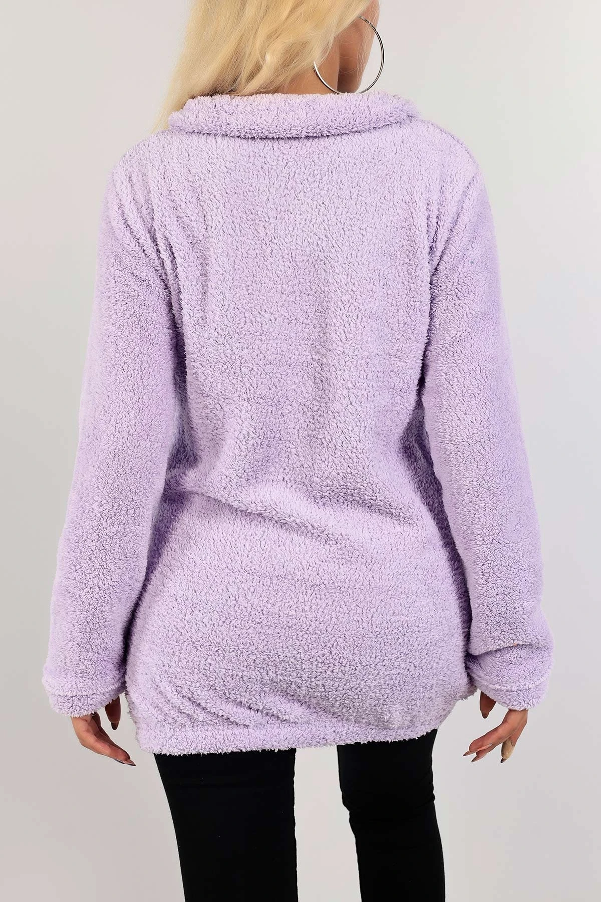 Kadın Lila Fermuarlı Uzun Rahat Peluş Sweatshirt HZL23W-BD1553871
