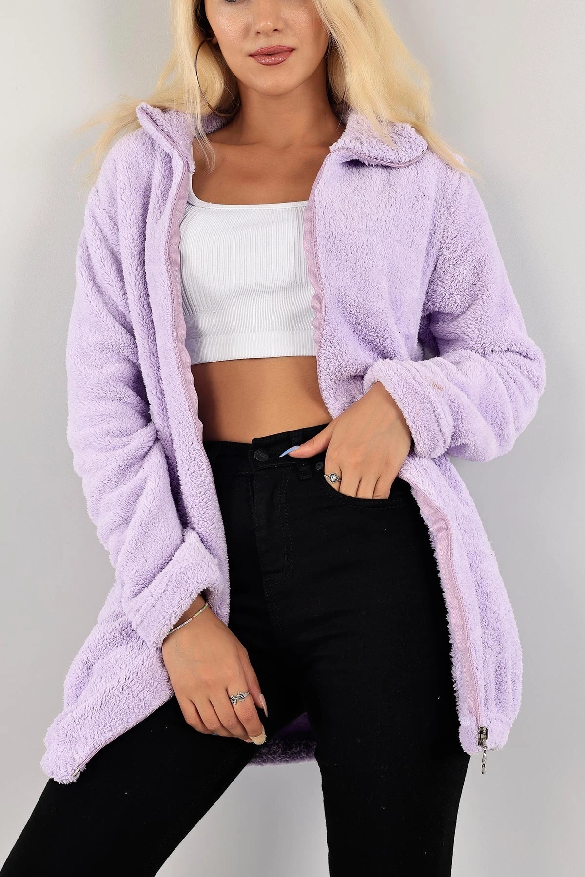 Kadın Lila Fermuarlı Uzun Rahat Peluş Sweatshirt HZL23W-BD1553871