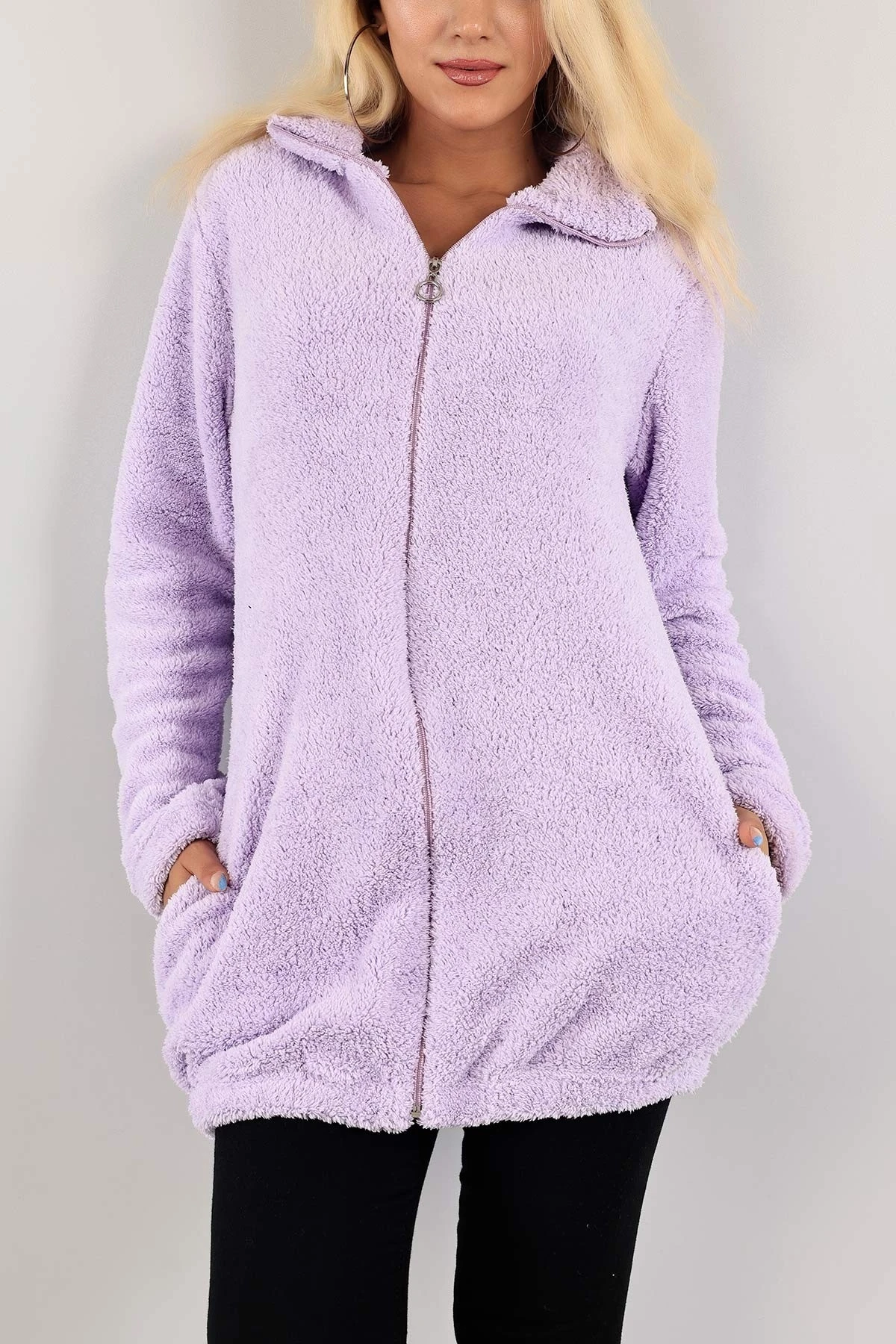 Kadın Lila Fermuarlı Uzun Rahat Peluş Sweatshirt HZL23W-BD1553871