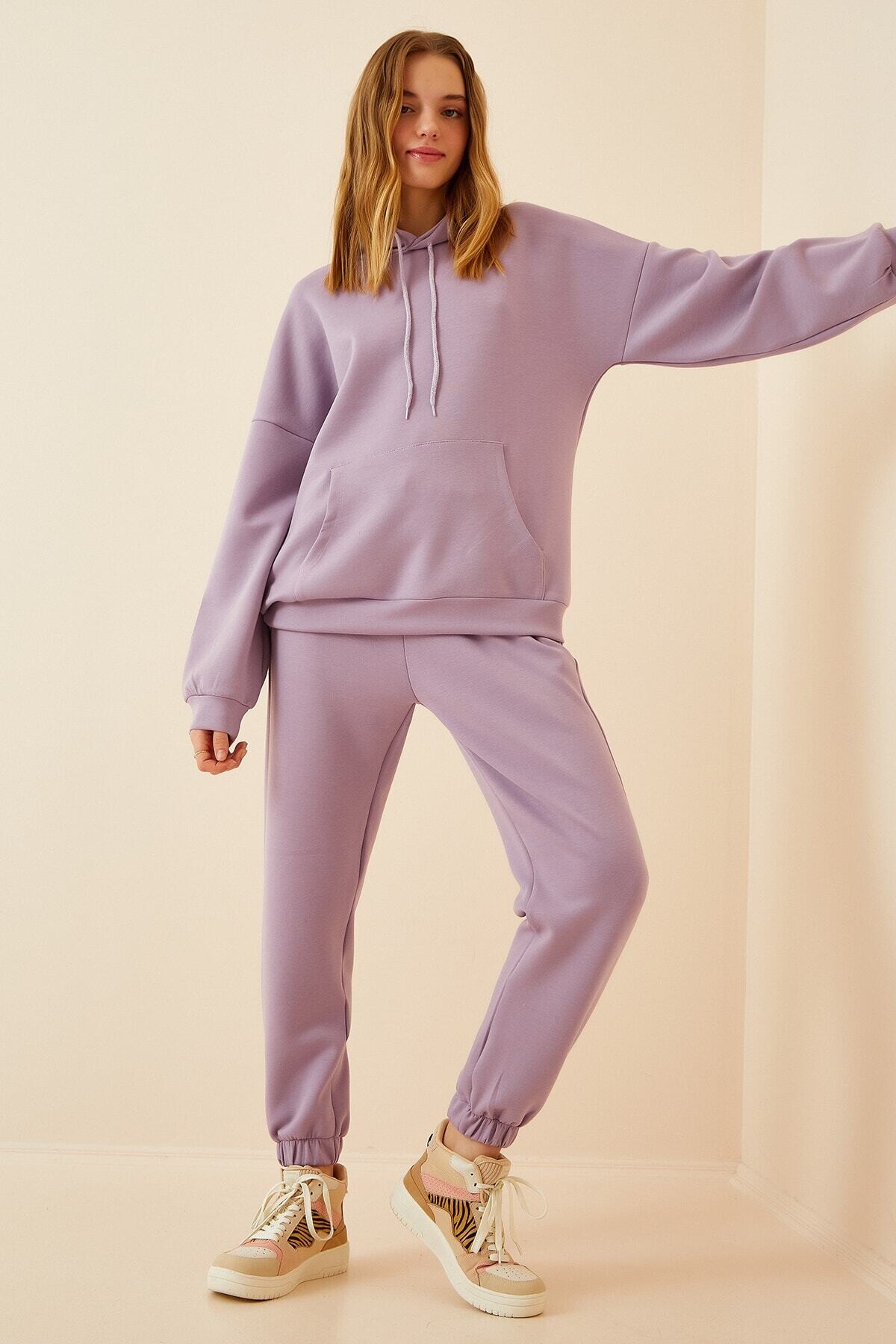 Kadın Lila Kapüşonlu Kanguru Cepli Bileği Lastikli Eşofman Takımı HZL22w-BD1553771