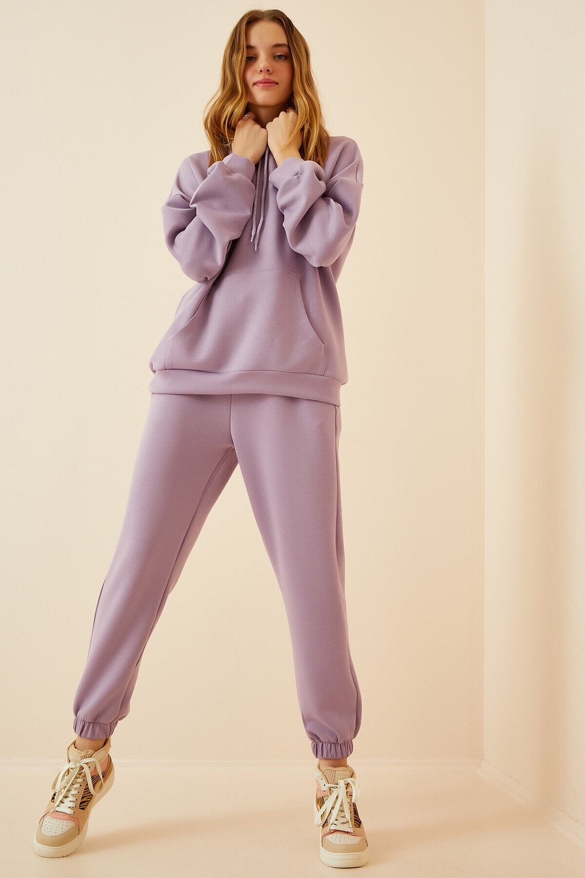 Kadın Lila Kapüşonlu Kanguru Cepli Bileği Lastikli Eşofman Takımı HZL22w-BD1553771