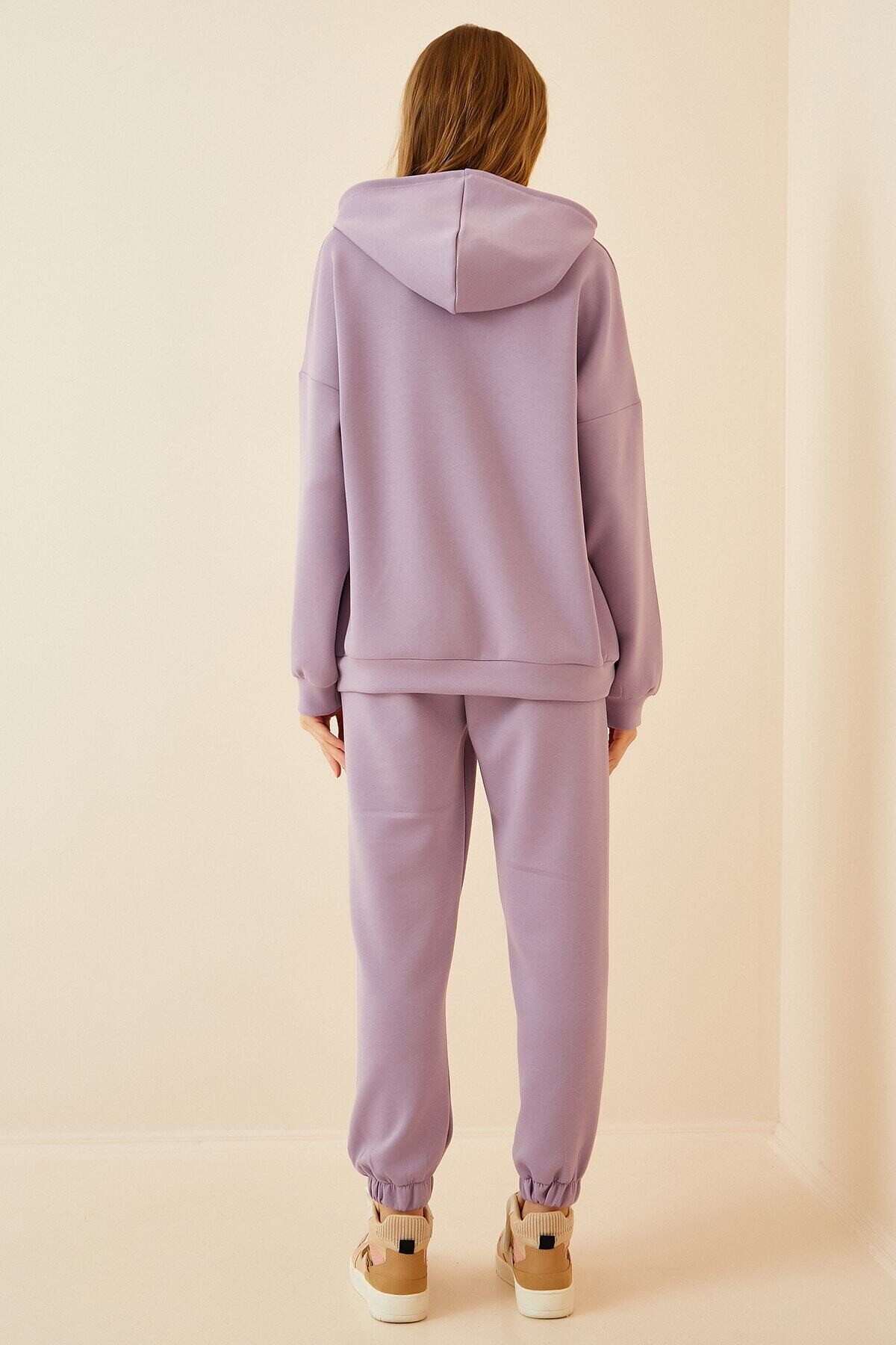 Kadın Lila Kapüşonlu Kanguru Cepli Bileği Lastikli Eşofman Takımı HZL22w-BD1553771
