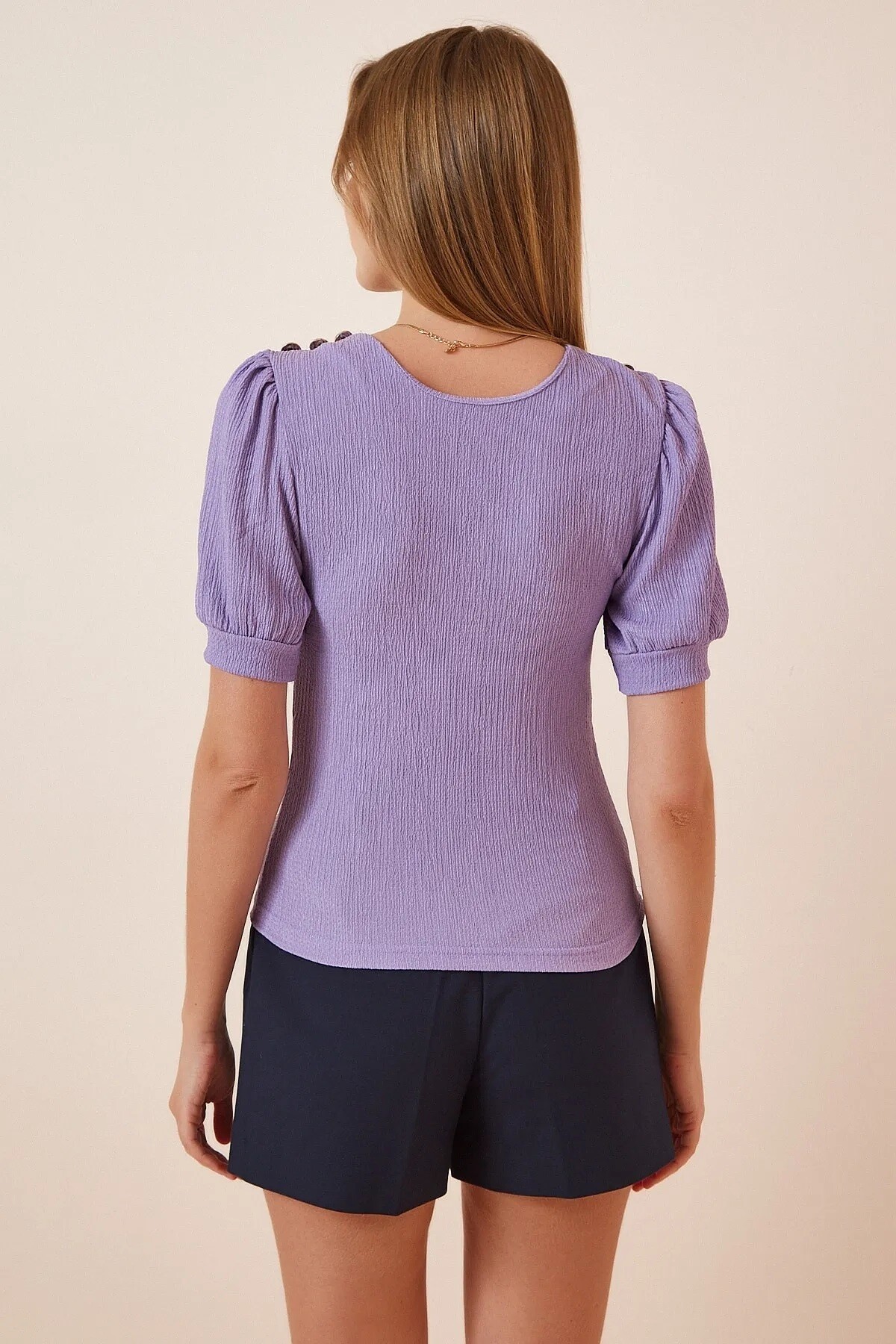 Kadın Lila Omuzdan Düğme Detaylı Örme Bluz HZL23S-BD104681