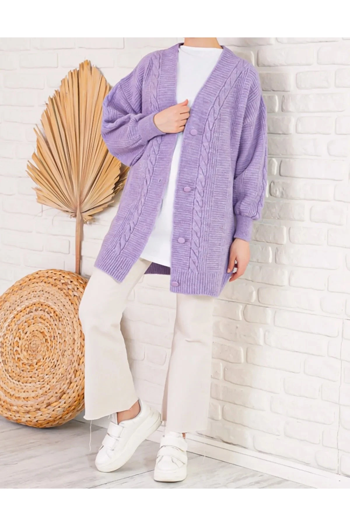 Kadın Lila Saç Örgü Desen Uzun Düğmeli Rahat Kesim Triko Hırka HZL23W-BD1100691