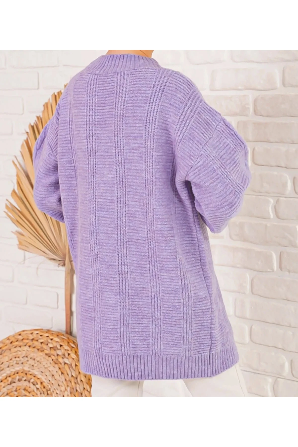 Kadın Lila Saç Örgü Desen Uzun Düğmeli Rahat Kesim Triko Hırka HZL23W-BD1100691
