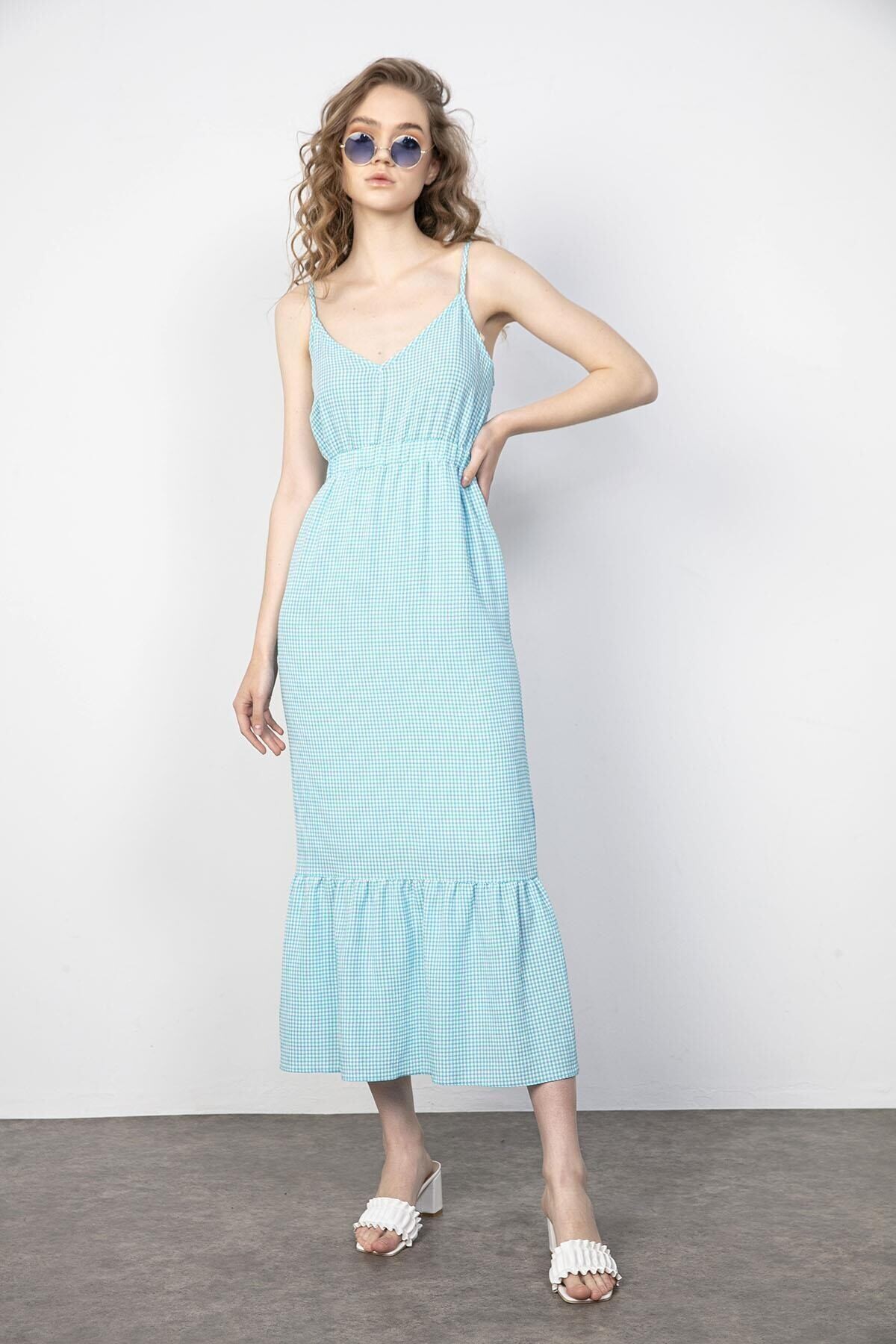 Kadın Mavi Askılı V Yaka Astarlı Viskon Yazlık Elbise LF110358