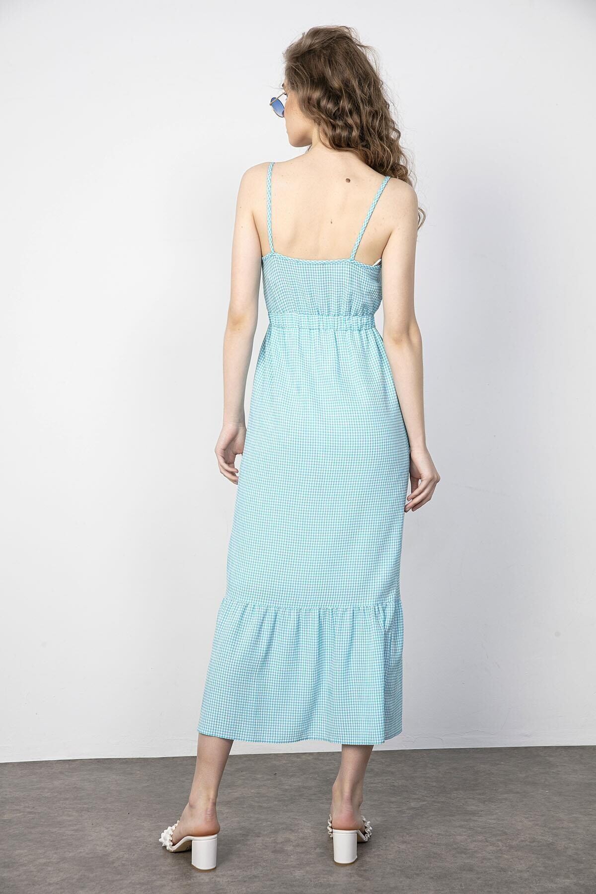 Kadın Mavi Askılı V Yaka Astarlı Viskon Yazlık Elbise LF110358