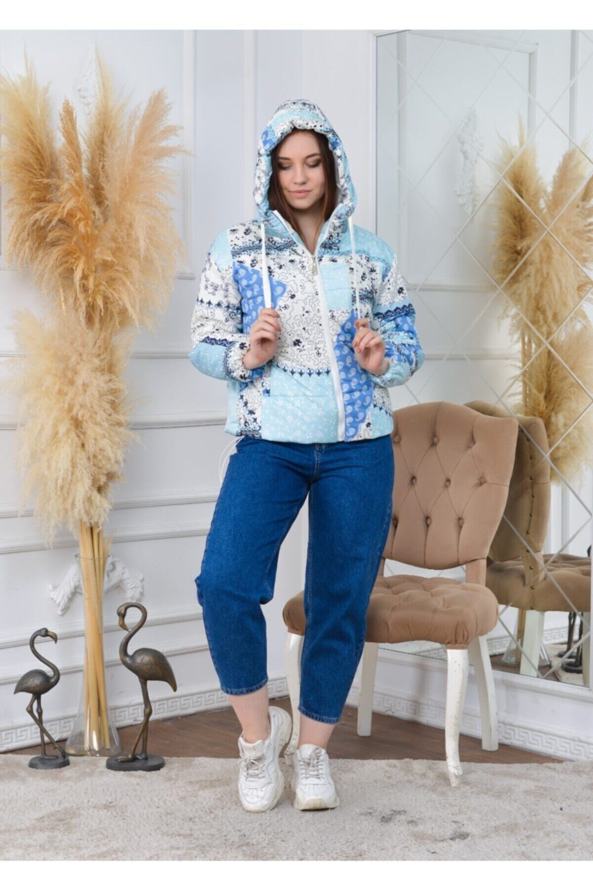 Kadın Mavi Bel Büzgülü Kapüşonlu Şişme Mont HZL22W-BD151251