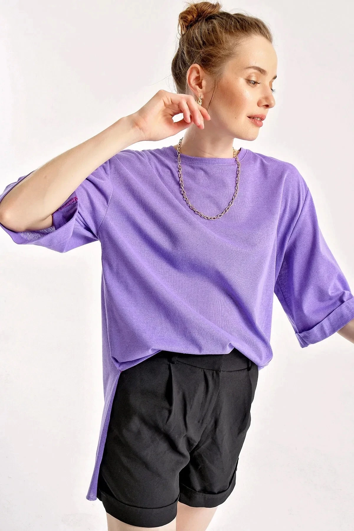 Kadın Mor Bisiklet Yaka Yandan Yırtmaçlı Kolu Katlı Oversize Örme T-Shirt HZL22S-BD143251