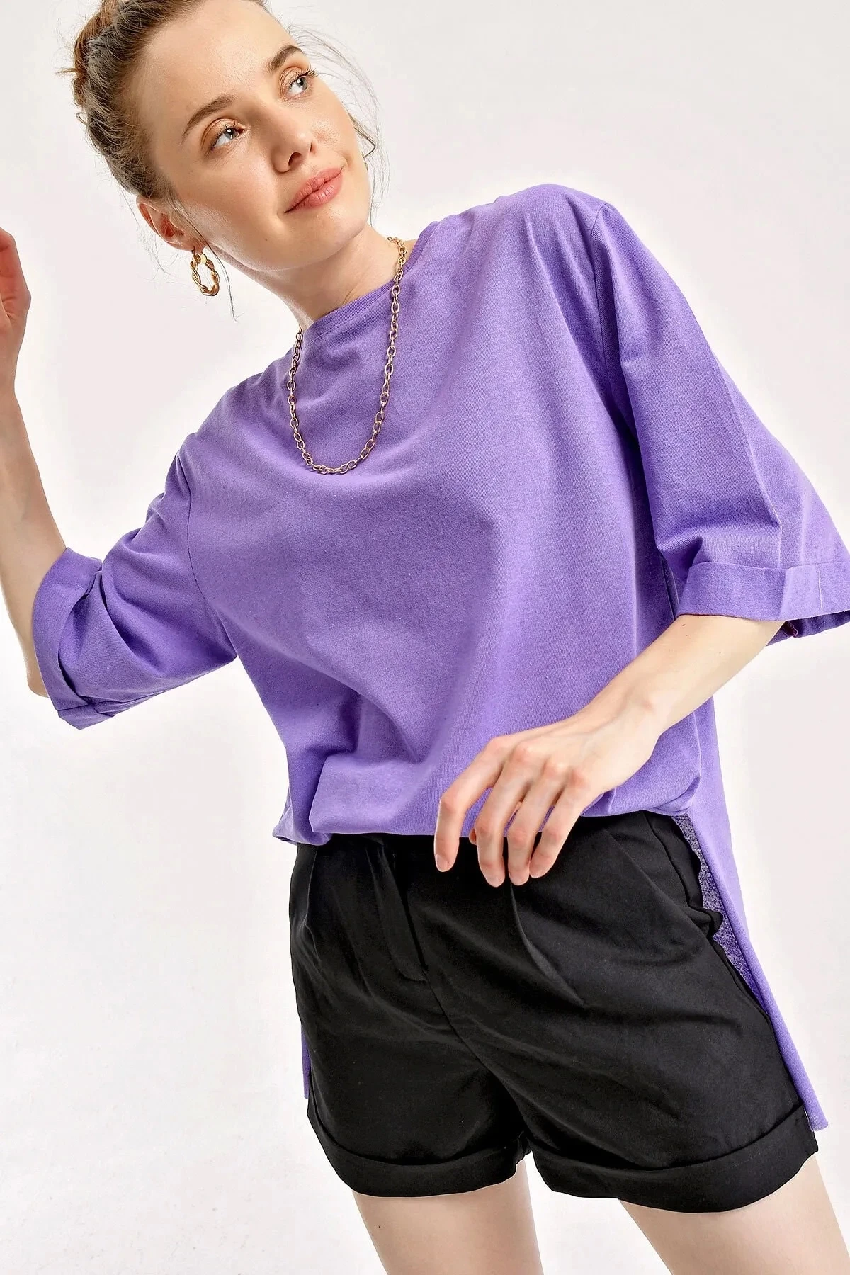 Kadın Mor Bisiklet Yaka Yandan Yırtmaçlı Kolu Katlı Oversize Örme T-Shirt HZL22S-BD143251