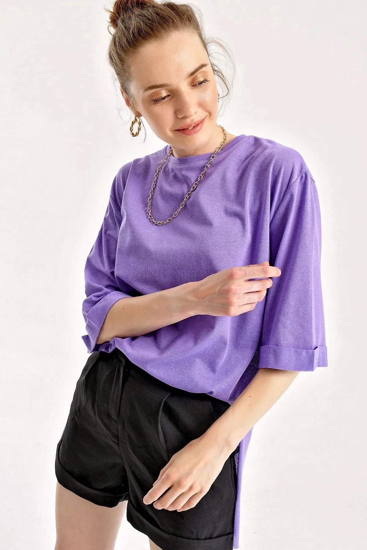 Kadın Mor Bisiklet Yaka Yandan Yırtmaçlı Kolu Katlı Oversize Örme T-Shirt HZL22S-BD143251