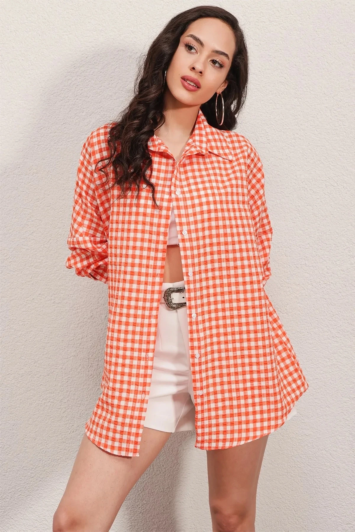 Kadın Oranj Kareli Oversize Gömlek HZL22W-BD1201451