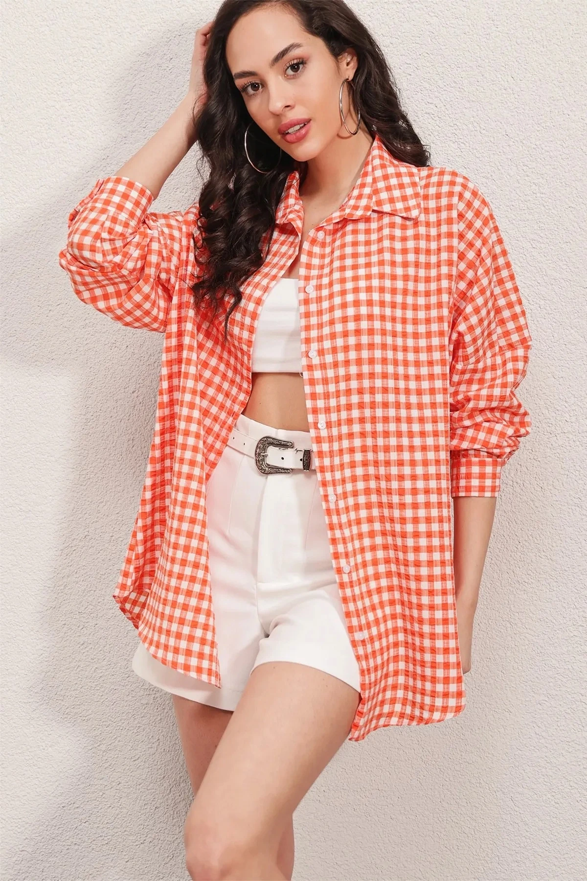 Kadın Oranj Kareli Oversize Gömlek HZL22W-BD1201451