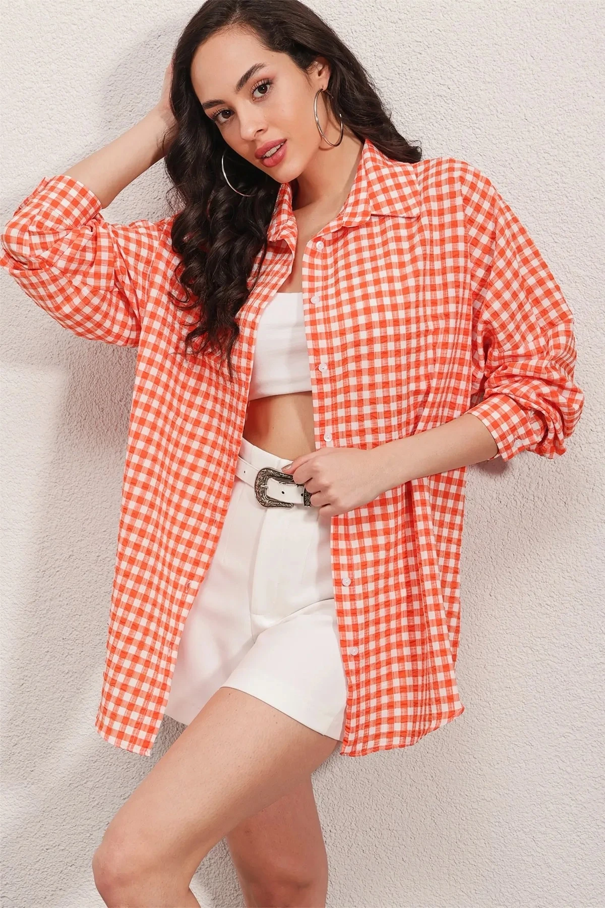 Kadın Oranj Kareli Oversize Gömlek HZL22W-BD1201451